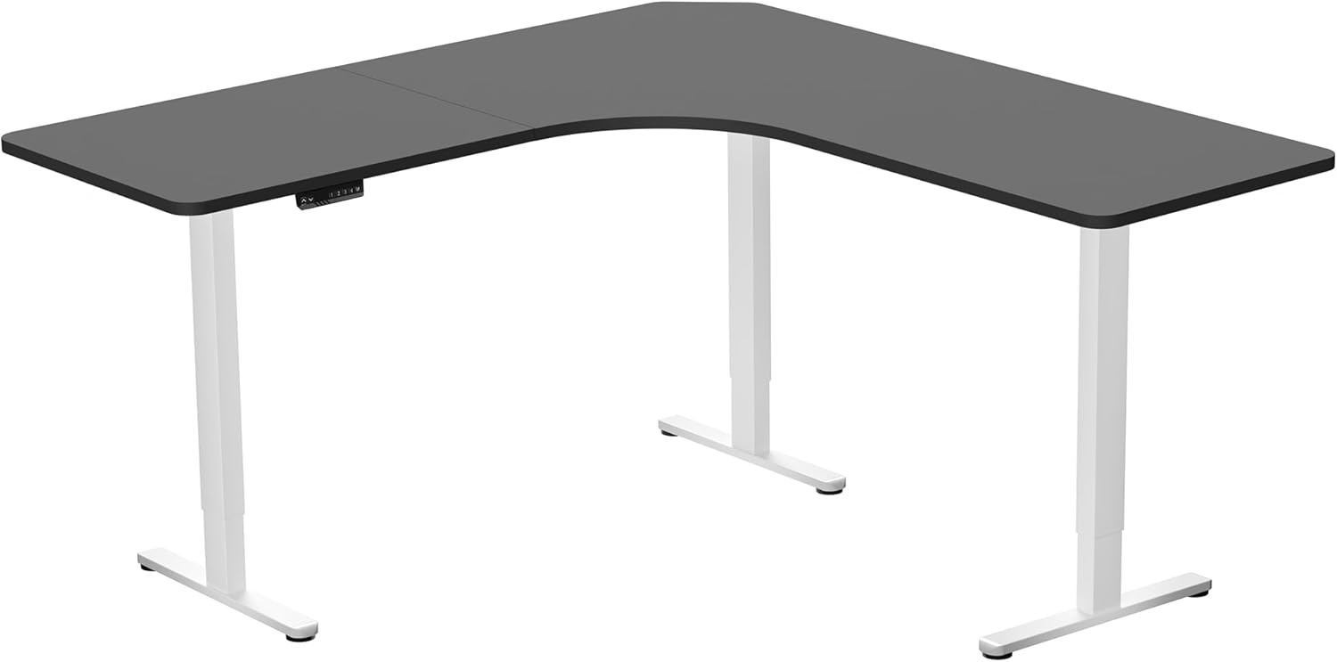image:imageVIVO Electric Height Adjustable 71 x 71 inch Curved Corner Stand Up Desk Black Table Top Black Frame Memory Controller LShaped Workstation E3C Series DESKKITE3CB2Black Top White Frame
