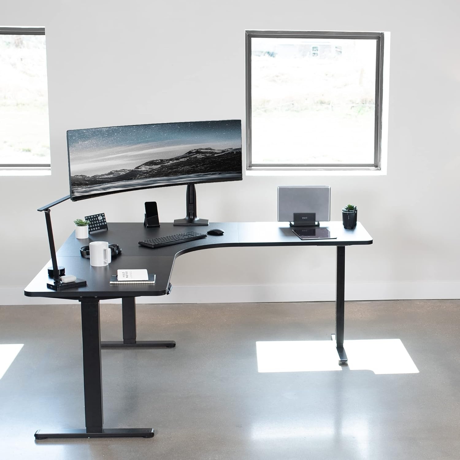 image:imageVIVO Electric Height Adjustable 71 x 71 inch Curved Corner Stand Up Desk Black Table Top Black Frame Memory Controller LShaped Workstation E3C Series DESKKITE3CB2Black Top Black Frame