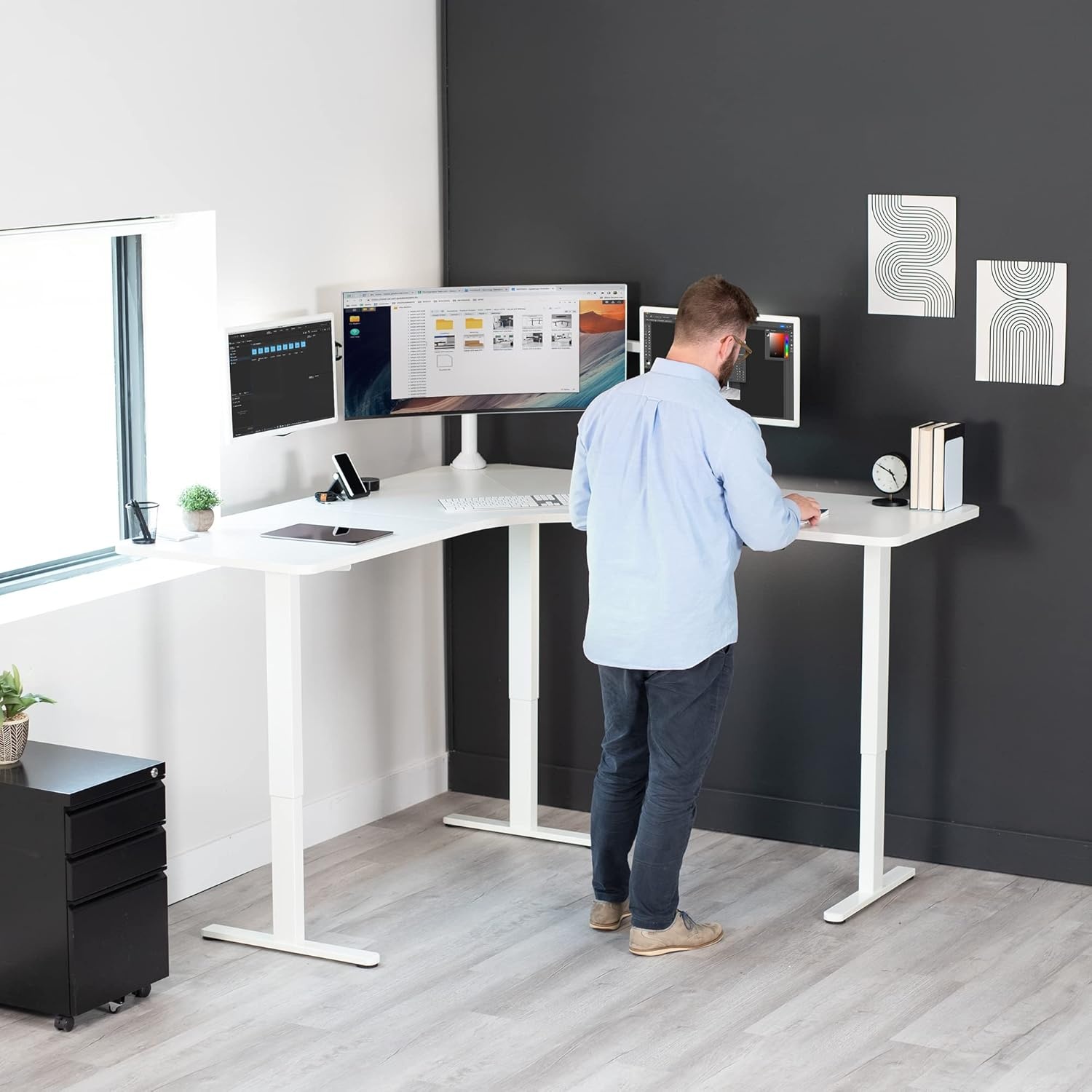 image:imageVIVO Electric Height Adjustable 71 x 71 inch Curved Corner Stand Up Desk Black Table Top Black Frame Memory Controller LShaped Workstation E3C Series DESKKITE3CB2White Top White Frame