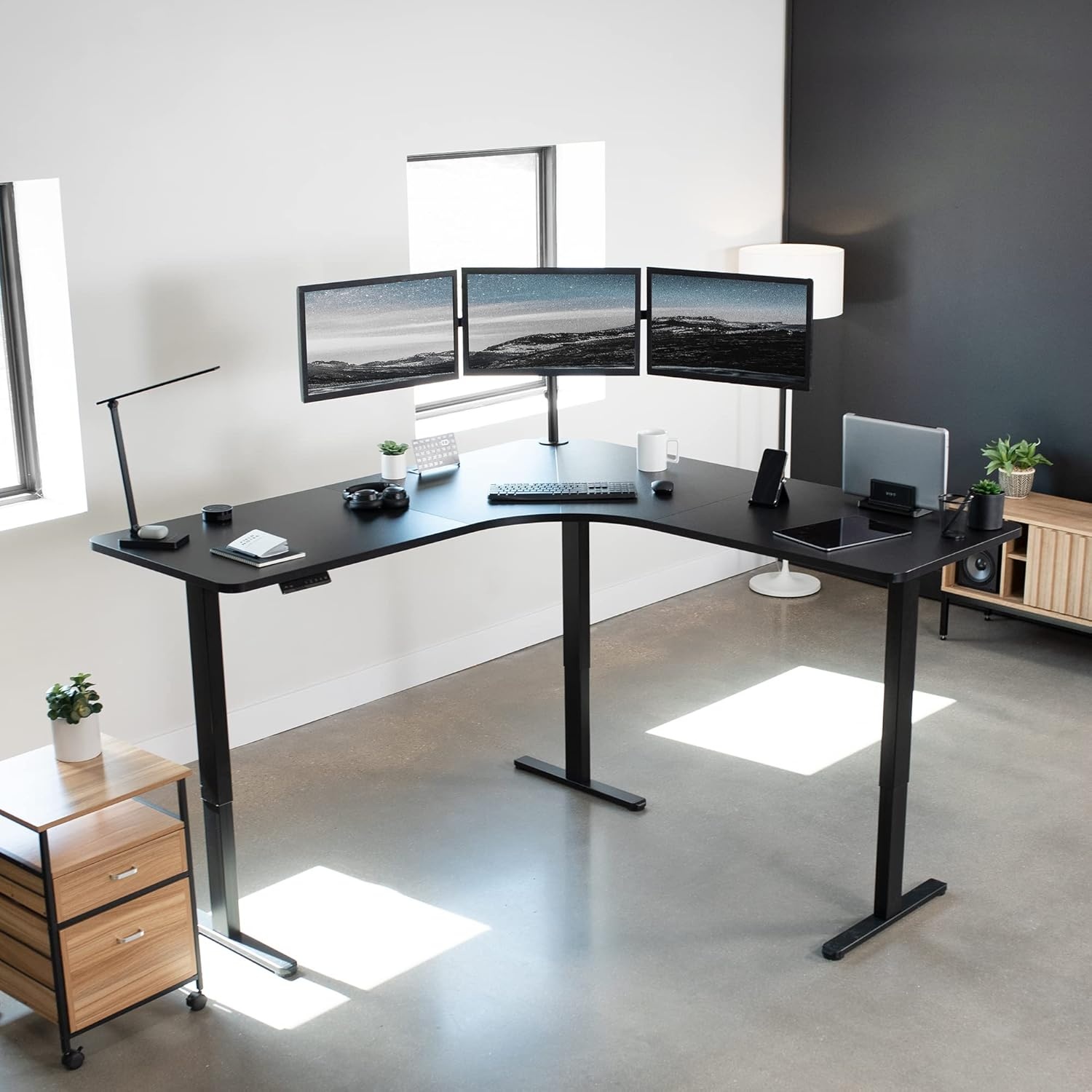 image:imageVIVO Electric Height Adjustable 71 x 71 inch Curved Corner Stand Up Desk Black Table Top Black Frame Memory Controller LShaped Workstation E3C Series DESKKITE3CB2Black Top Black Frame