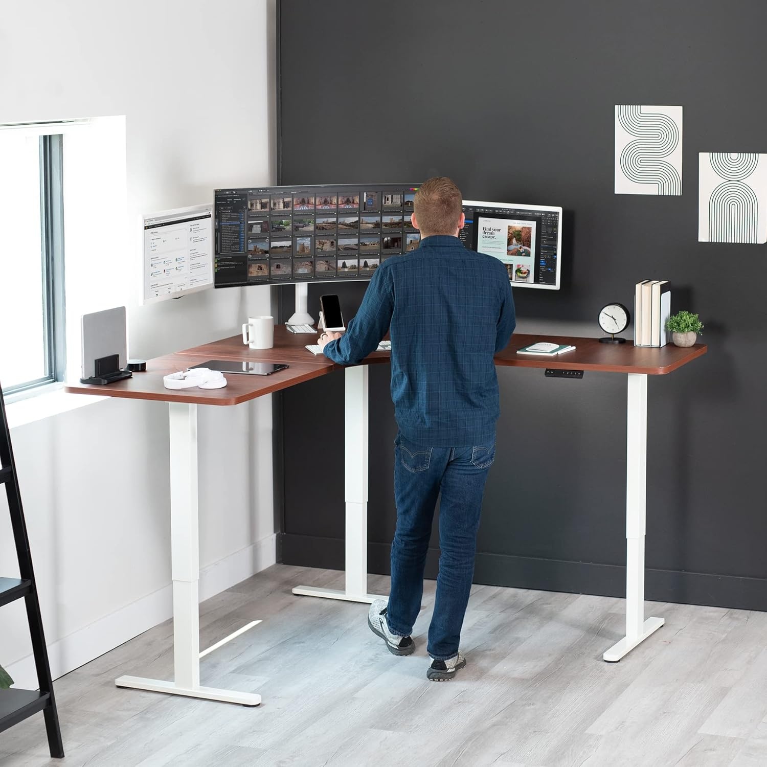 image:imageVIVO Electric Height Adjustable 71 x 71 inch Curved Corner Stand Up Desk Black Table Top Black Frame Memory Controller LShaped Workstation E3C Series DESKKITE3CB2Dark Walnut Top White Frame