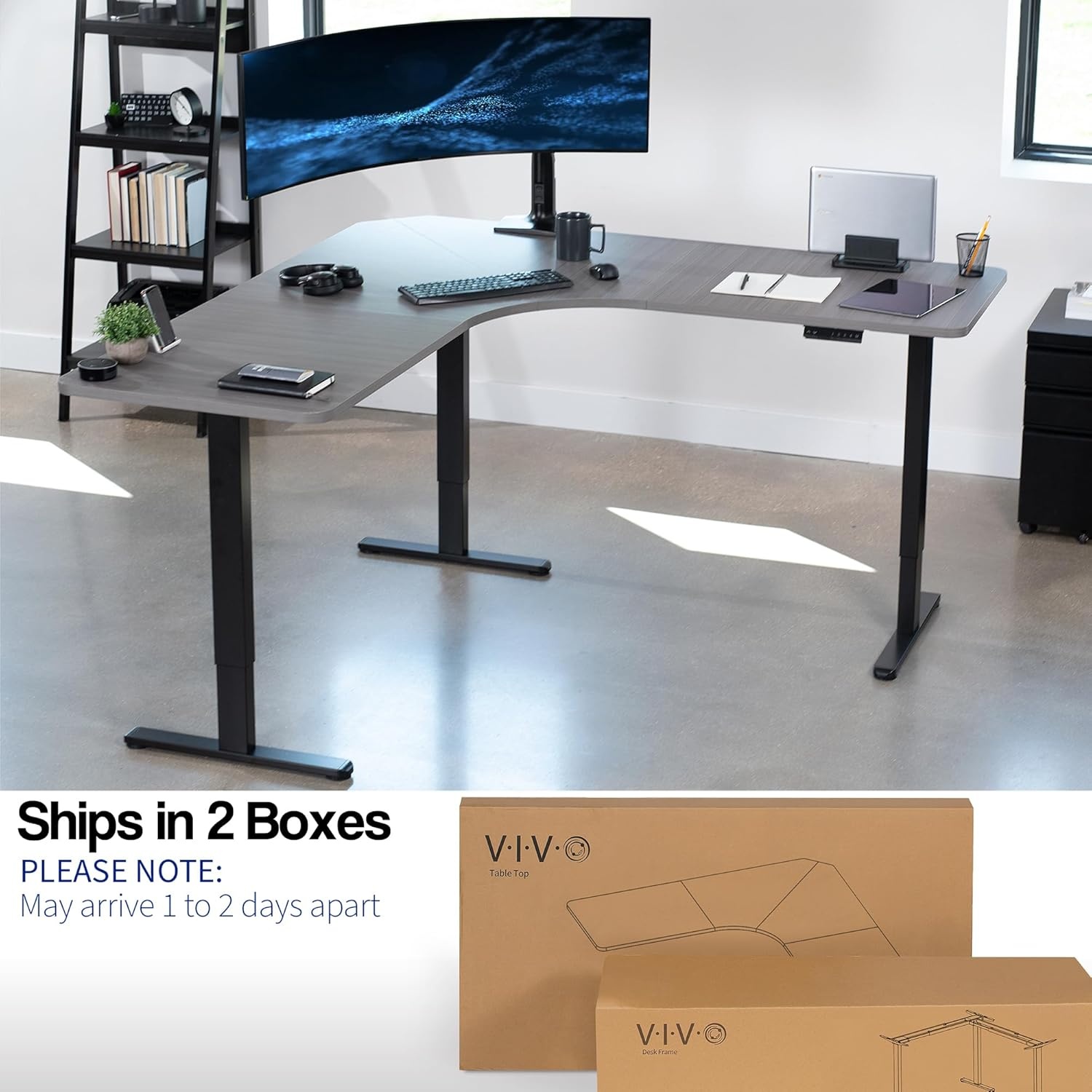 image:imageVIVO Electric Height Adjustable 71 x 71 inch Curved Corner Stand Up Desk Black Table Top Black Frame Memory Controller LShaped Workstation E3C Series DESKKITE3CB2Dark Gray Top Black Frame