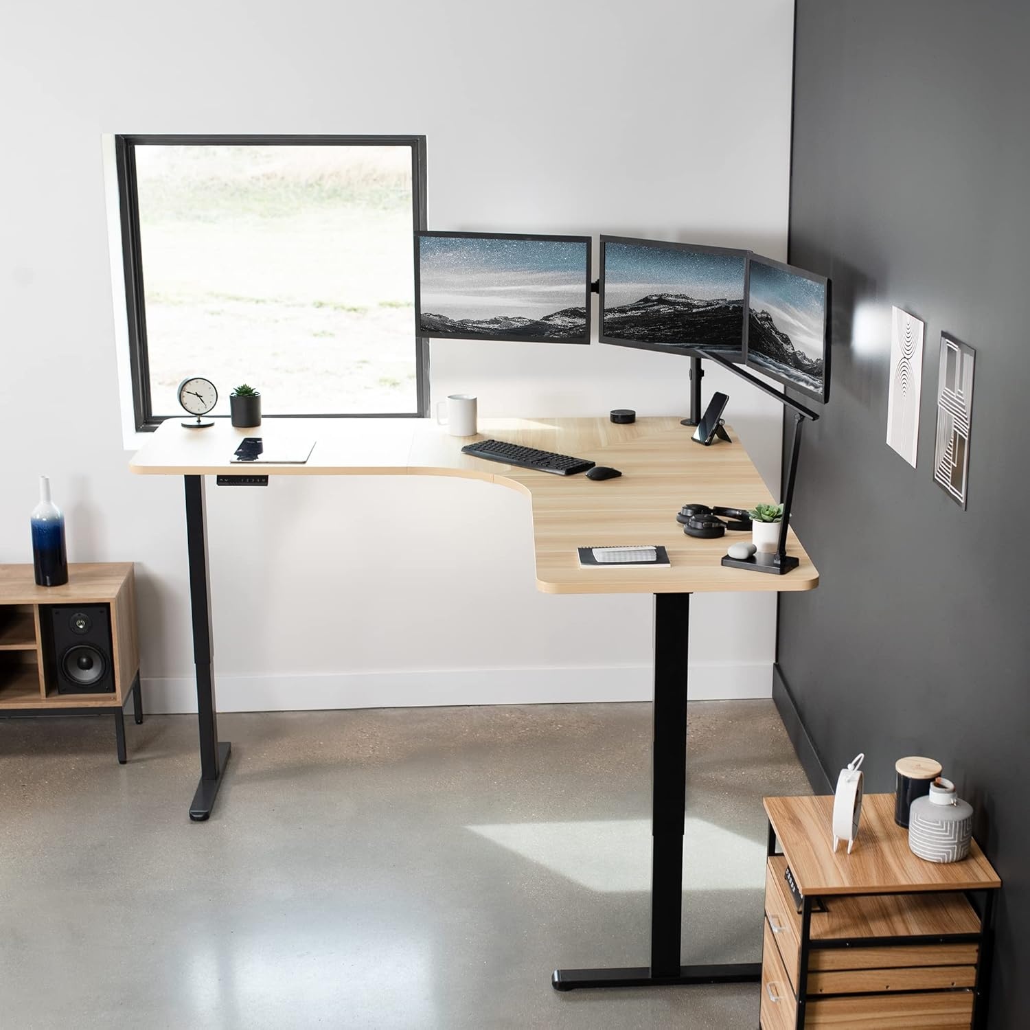 image:imageVIVO Electric Height Adjustable 71 x 71 inch Curved Corner Stand Up Desk Black Table Top Black Frame Memory Controller LShaped Workstation E3C Series DESKKITE3CB2Light Wood Top Black Frame