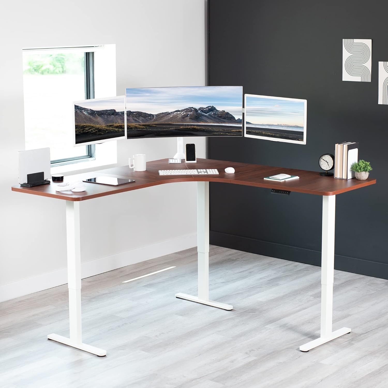 image:imageVIVO Electric Height Adjustable 71 x 71 inch Curved Corner Stand Up Desk Black Table Top Black Frame Memory Controller LShaped Workstation E3C Series DESKKITE3CB2Dark Walnut Top White Frame