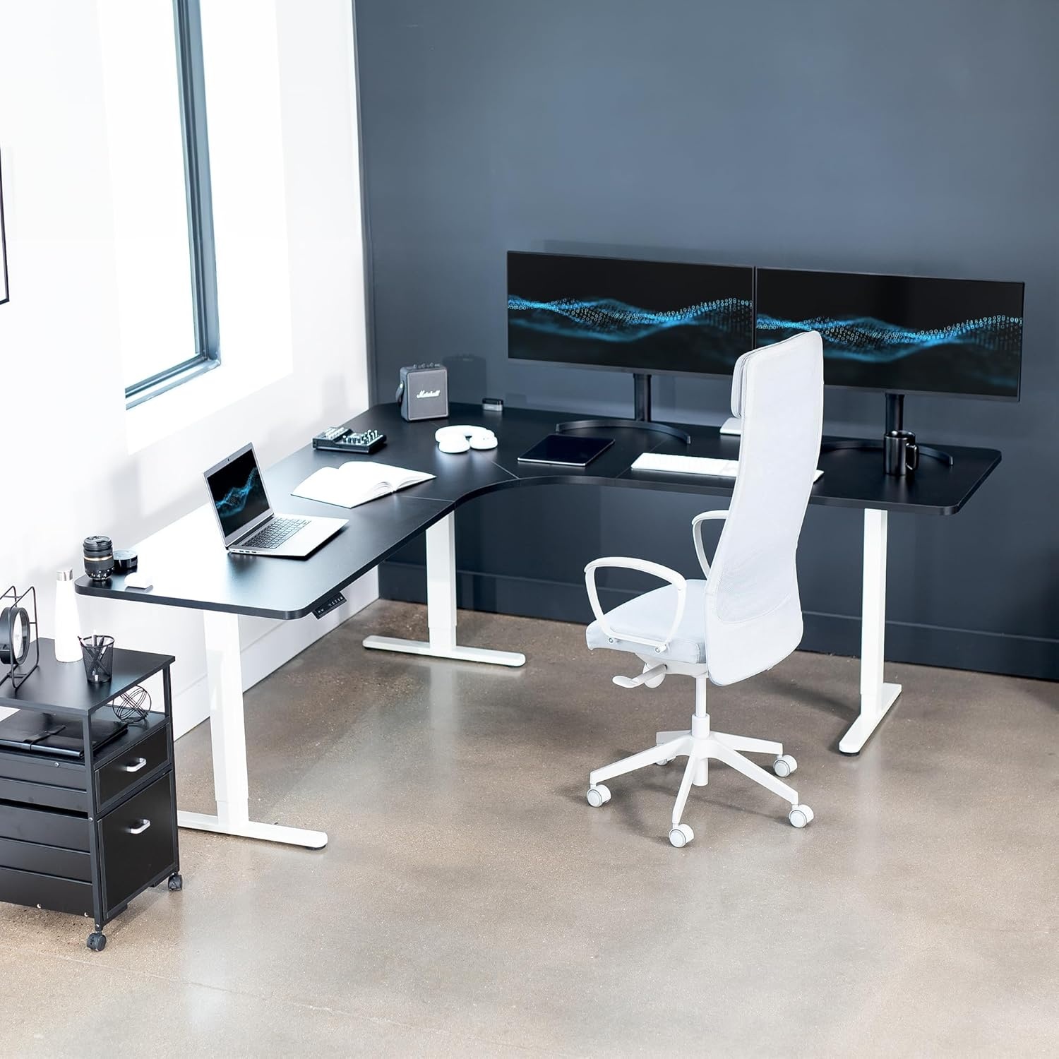 image:imageVIVO Electric Height Adjustable 71 x 71 inch Curved Corner Stand Up Desk Black Table Top Black Frame Memory Controller LShaped Workstation E3C Series DESKKITE3CB2Black Top White Frame