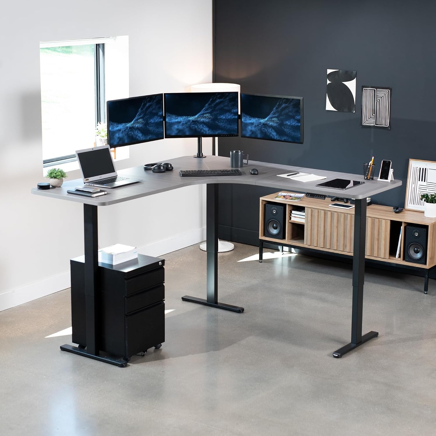 image:imageVIVO Electric Height Adjustable 71 x 71 inch Curved Corner Stand Up Desk Black Table Top Black Frame Memory Controller LShaped Workstation E3C Series DESKKITE3CB2Dark Gray Top Black Frame