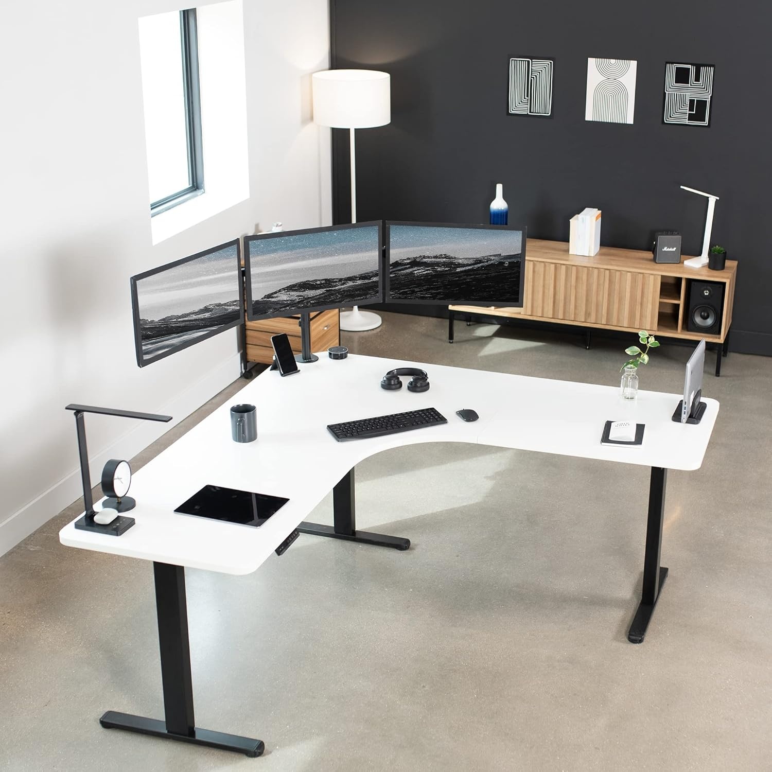 image:imageVIVO Electric Height Adjustable 71 x 71 inch Curved Corner Stand Up Desk Black Table Top Black Frame Memory Controller LShaped Workstation E3C Series DESKKITE3CB2White Top Black Frame
