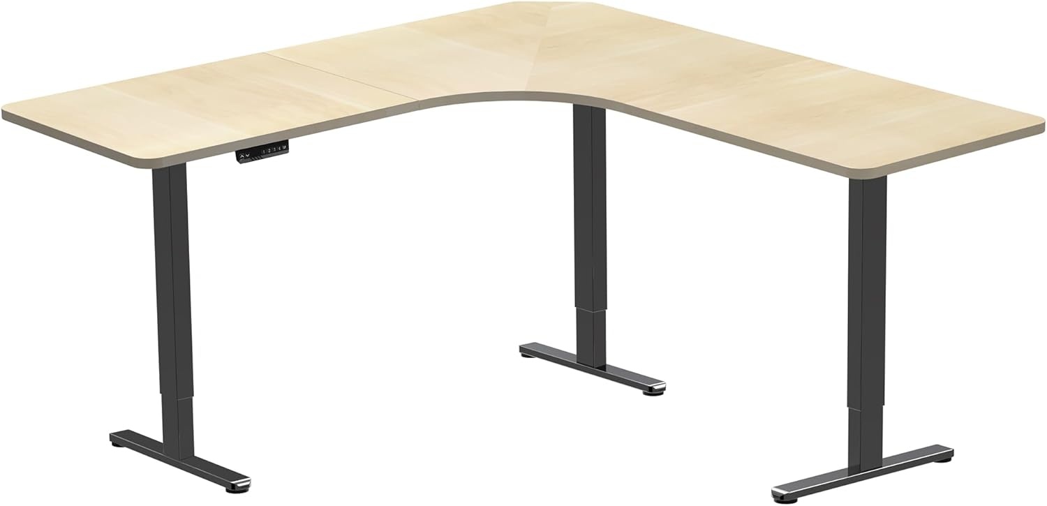 image:imageVIVO Electric Height Adjustable 71 x 71 inch Curved Corner Stand Up Desk Black Table Top Black Frame Memory Controller LShaped Workstation E3C Series DESKKITE3CB2Light Wood Top Black Frame