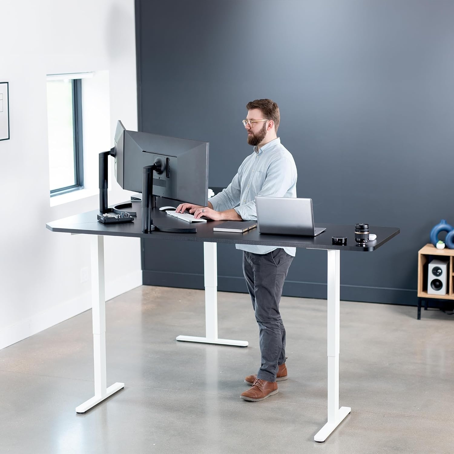 image:imageVIVO Electric Height Adjustable 71 x 71 inch Curved Corner Stand Up Desk Black Table Top Black Frame Memory Controller LShaped Workstation E3C Series DESKKITE3CB2Black Top White Frame