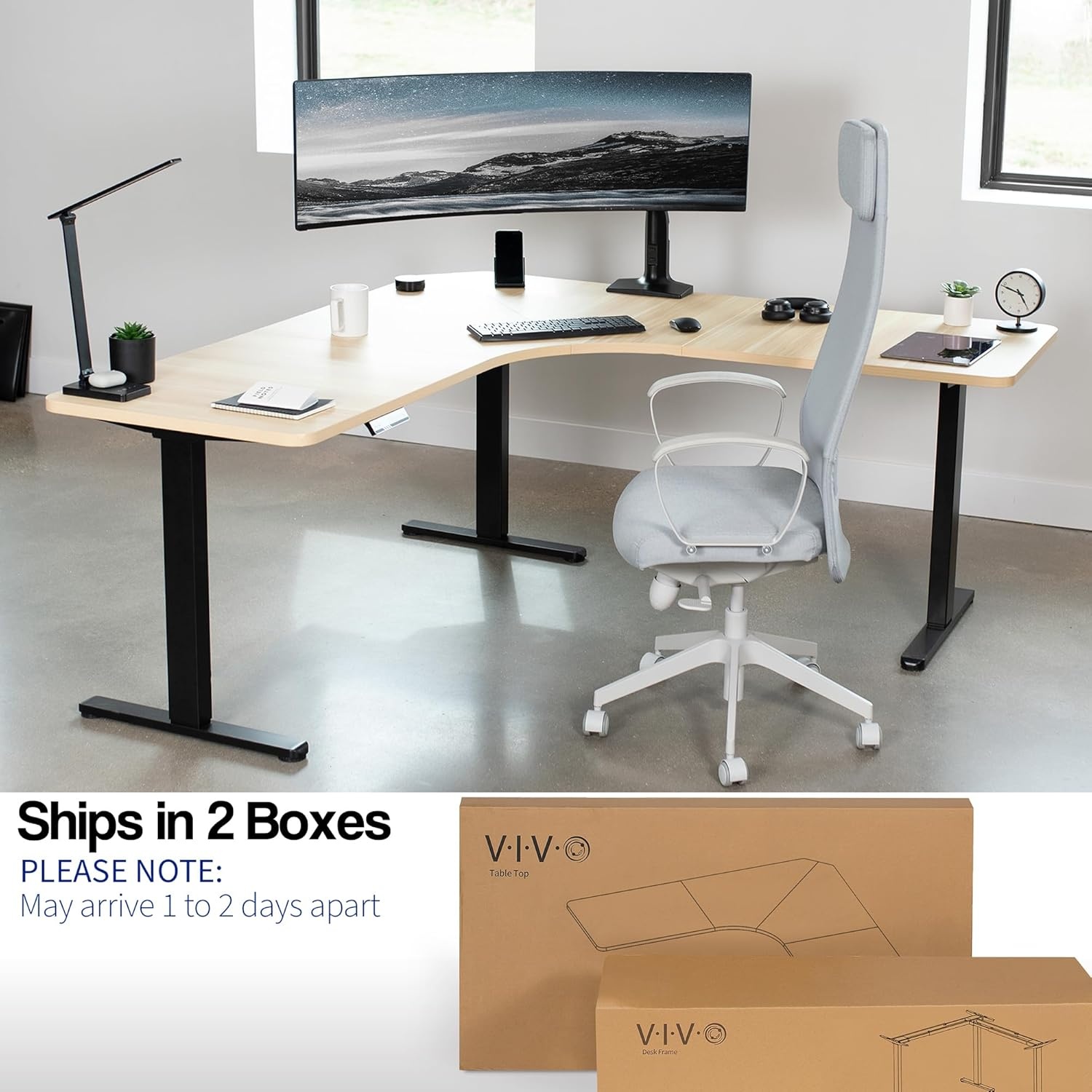 image:imageVIVO Electric Height Adjustable 71 x 71 inch Curved Corner Stand Up Desk Black Table Top Black Frame Memory Controller LShaped Workstation E3C Series DESKKITE3CB2Light Wood Top Black Frame