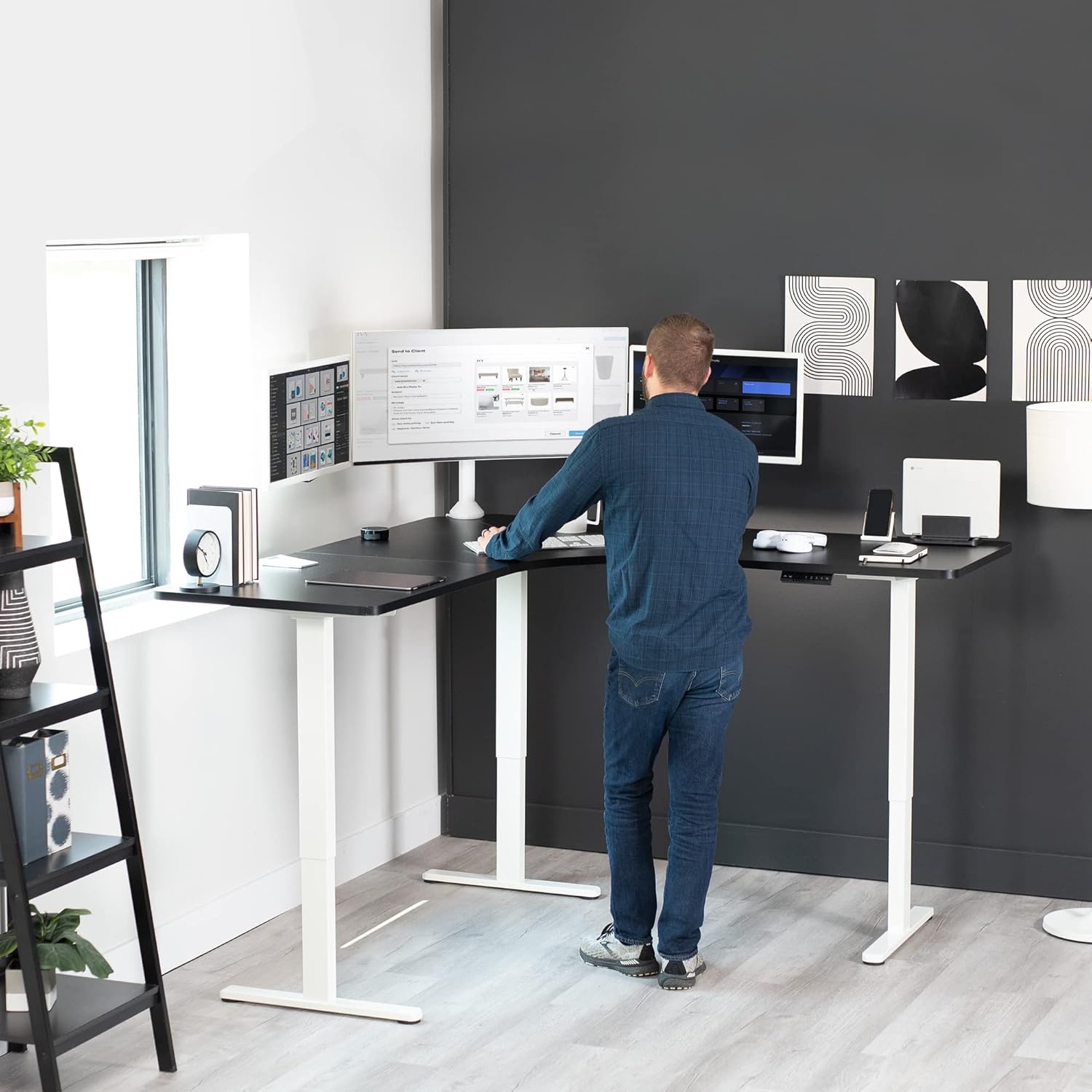image:imageVIVO Electric Height Adjustable 71 x 71 inch Curved Corner Stand Up Desk Black Table Top Black Frame Memory Controller LShaped Workstation E3C Series DESKKITE3CB2Black Top White Frame