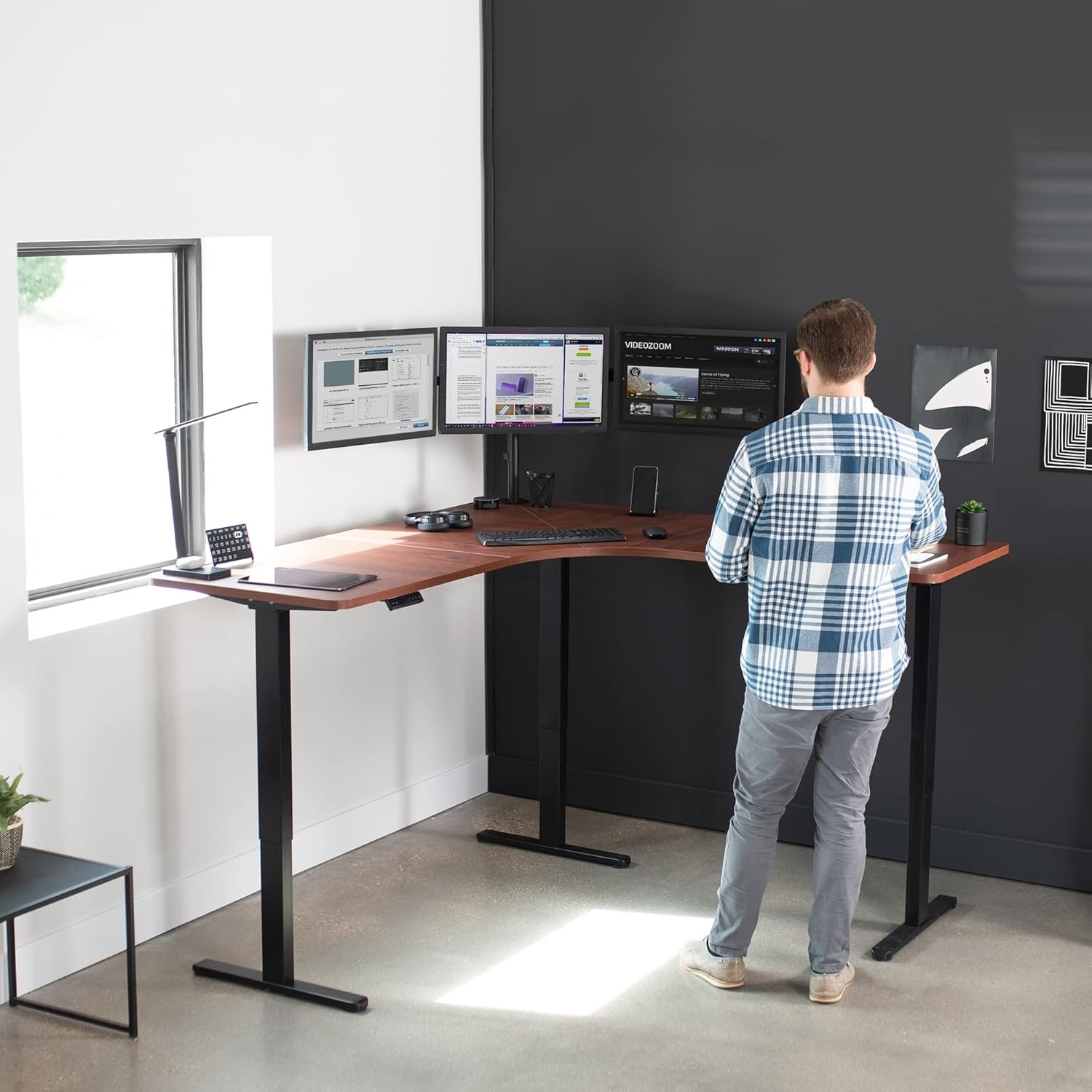 image:imageVIVO Electric Height Adjustable 71 x 71 inch Curved Corner Stand Up Desk Black Table Top Black Frame Memory Controller LShaped Workstation E3C Series DESKKITE3CB2Dark Walnut Top Black Frame