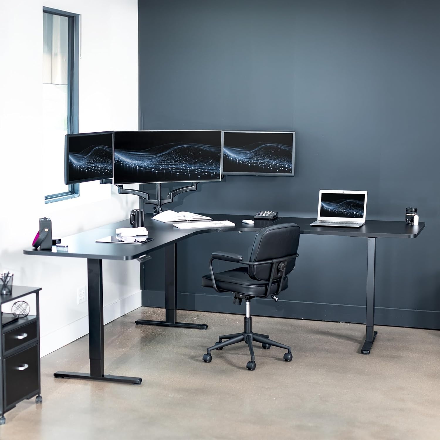 image:imageVIVO Electric Height Adjustable 71 x 71 inch Curved Corner Stand Up Desk Black Table Top Black Frame Memory Controller LShaped Workstation E3C Series DESKKITE3CB2Black Top Black Frame