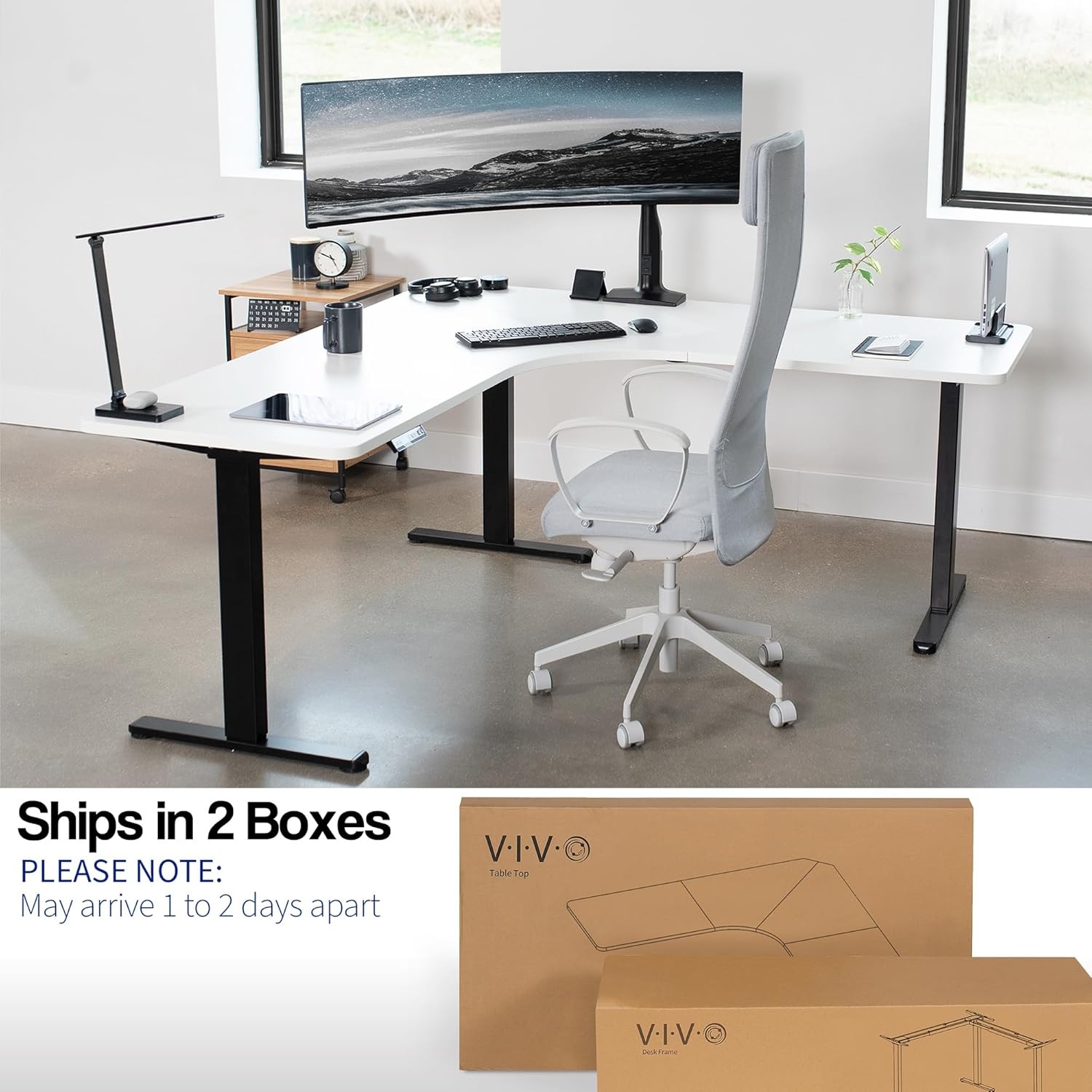 image:imageVIVO Electric Height Adjustable 71 x 71 inch Curved Corner Stand Up Desk Black Table Top Black Frame Memory Controller LShaped Workstation E3C Series DESKKITE3CB2White Top Black Frame