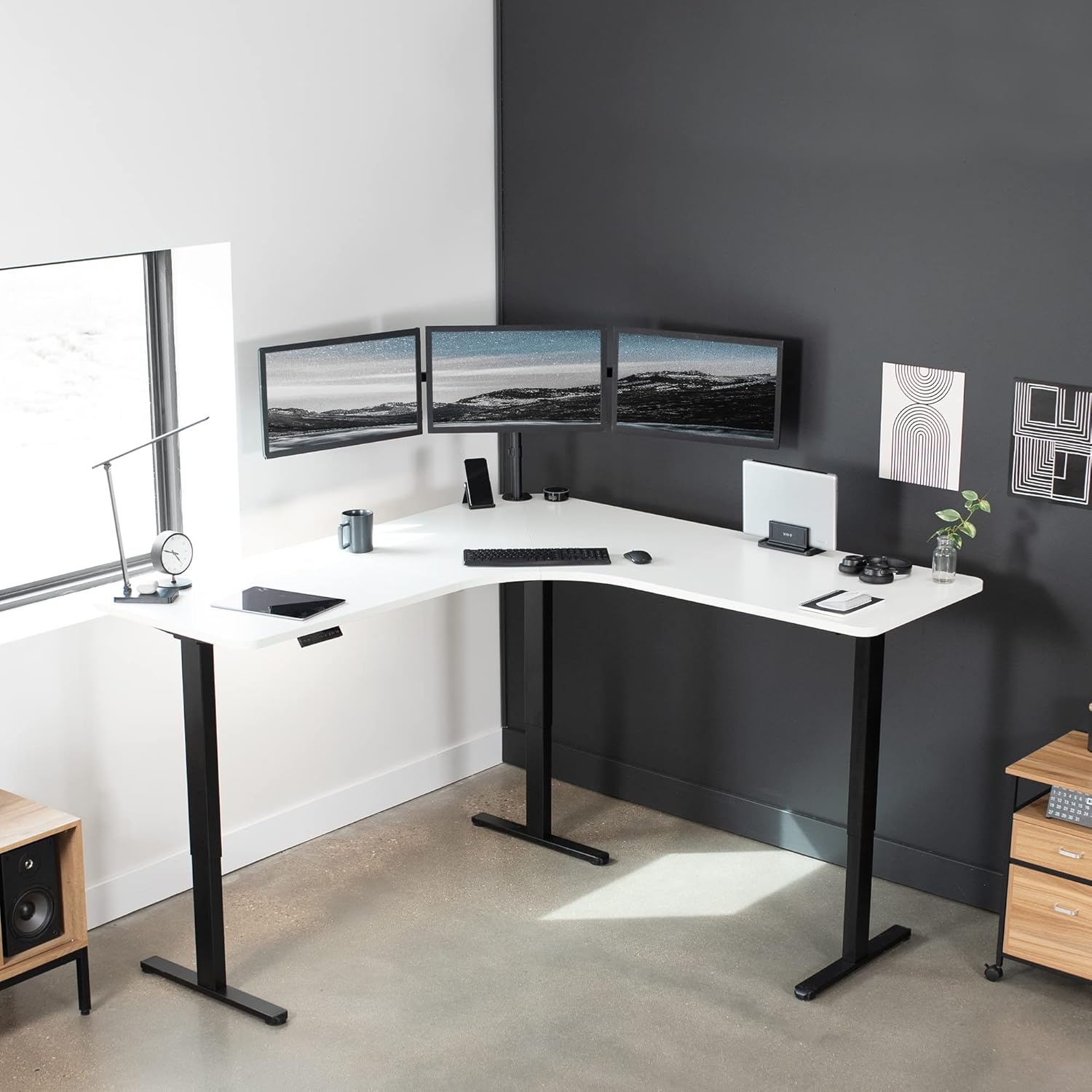 image:imageVIVO Electric Height Adjustable 71 x 71 inch Curved Corner Stand Up Desk Black Table Top Black Frame Memory Controller LShaped Workstation E3C Series DESKKITE3CB2White Top Black Frame