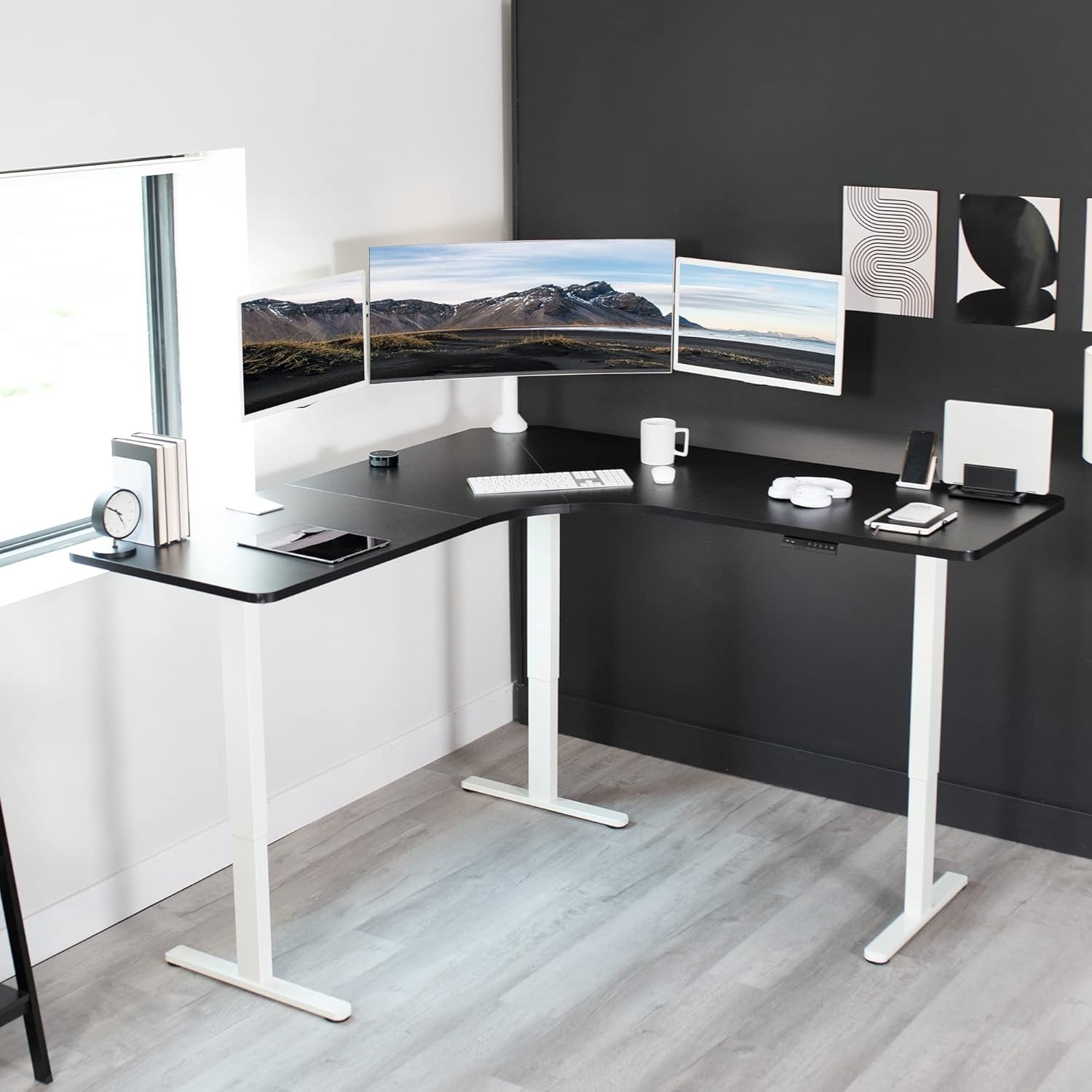 image:imageVIVO Electric Height Adjustable 71 x 71 inch Curved Corner Stand Up Desk Black Table Top Black Frame Memory Controller LShaped Workstation E3C Series DESKKITE3CB2Black Top White Frame