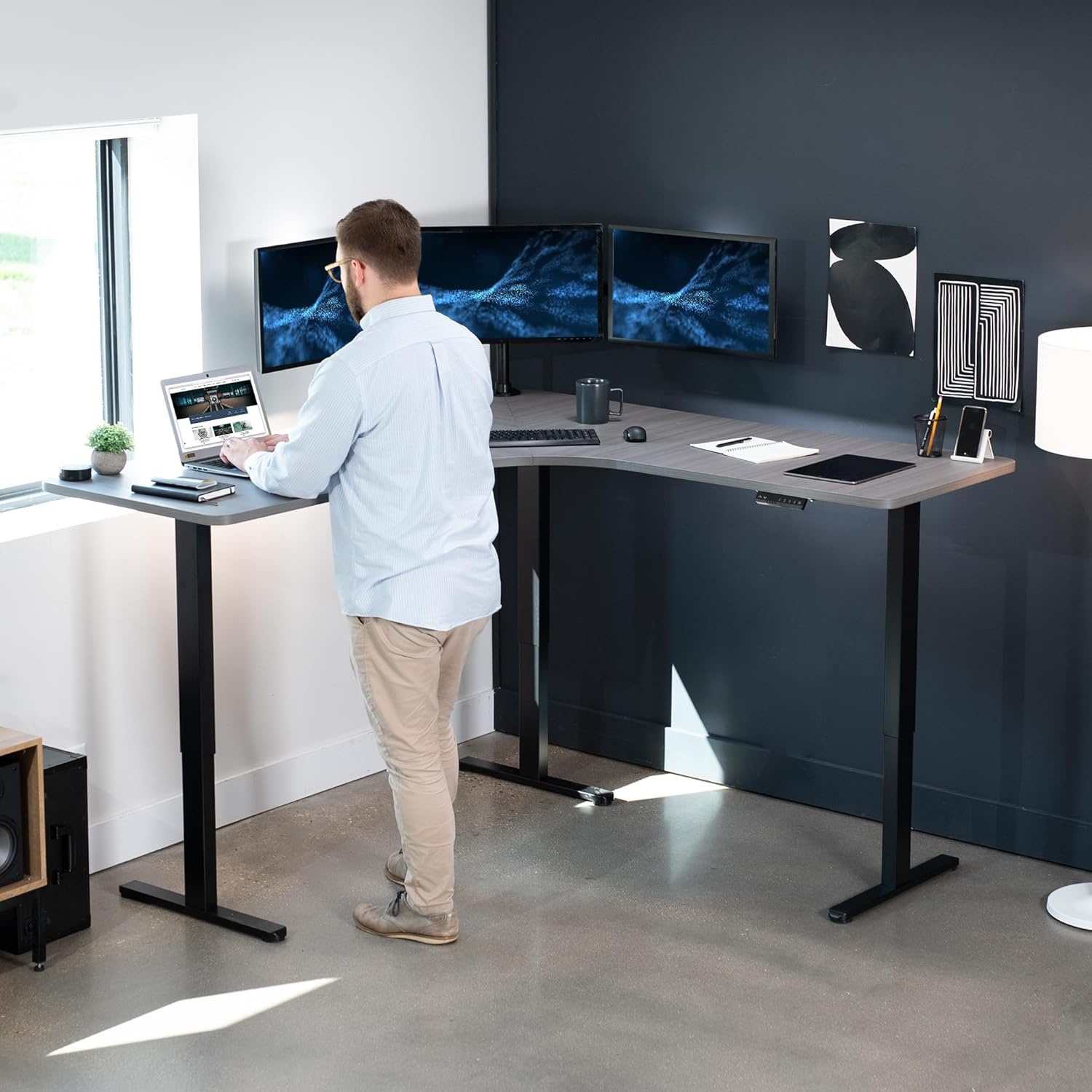image:imageVIVO Electric Height Adjustable 71 x 71 inch Curved Corner Stand Up Desk Black Table Top Black Frame Memory Controller LShaped Workstation E3C Series DESKKITE3CB2Dark Gray Top Black Frame