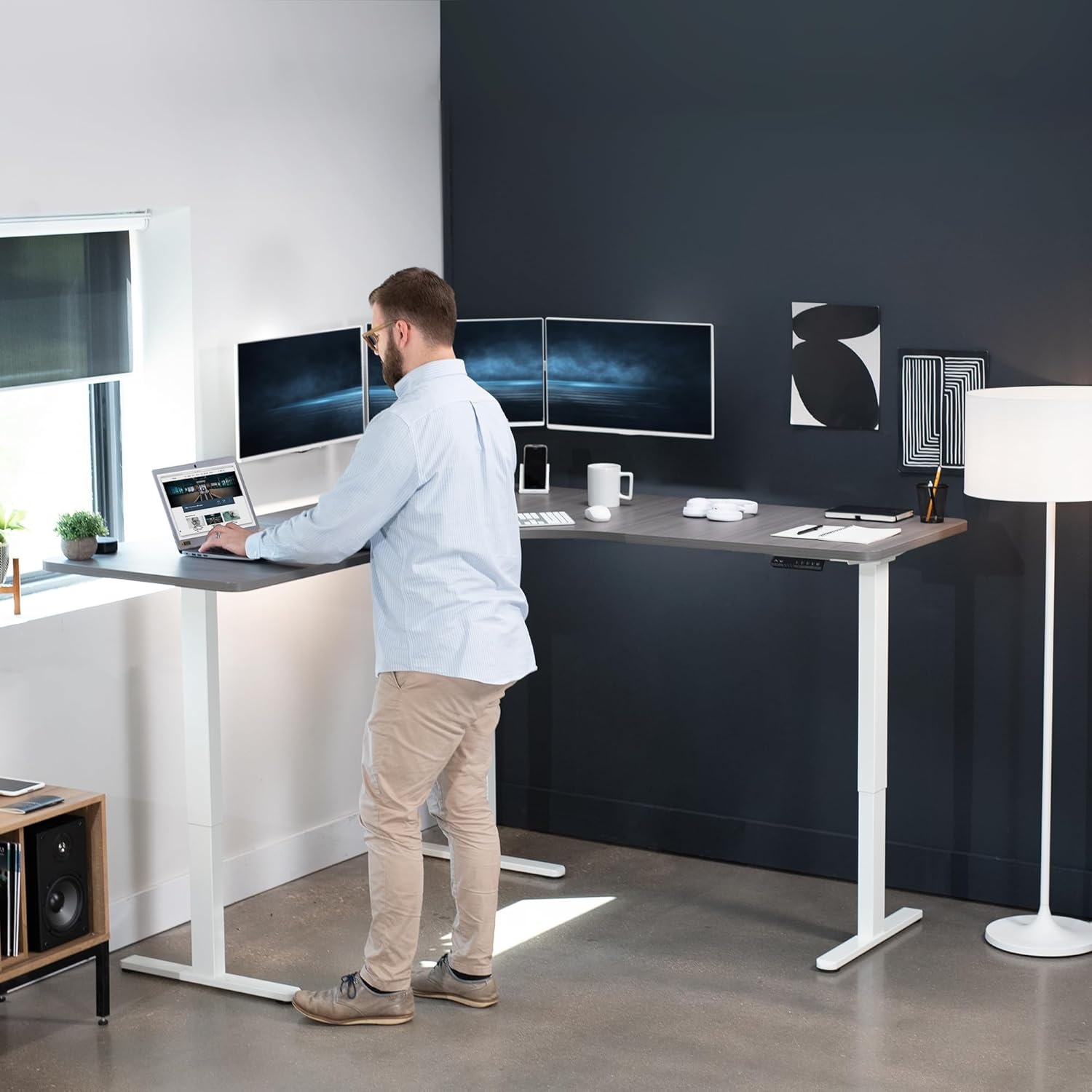 image:imageVIVO Electric Height Adjustable 71 x 71 inch Curved Corner Stand Up Desk Black Table Top Black Frame Memory Controller LShaped Workstation E3C Series DESKKITE3CB2Dark Gray Top White Frame