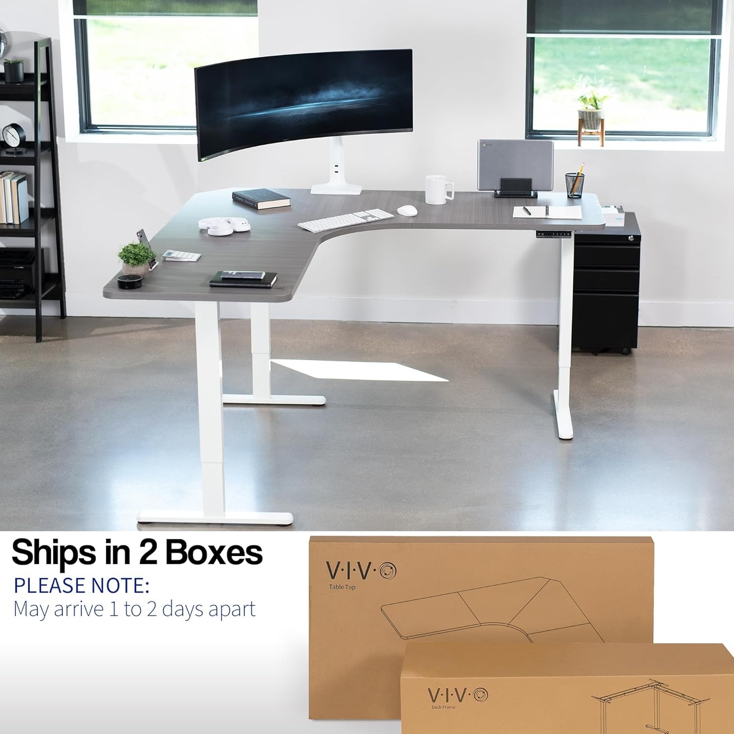 image:imageVIVO Electric Height Adjustable 71 x 71 inch Curved Corner Stand Up Desk Black Table Top Black Frame Memory Controller LShaped Workstation E3C Series DESKKITE3CB2Dark Gray Top White Frame