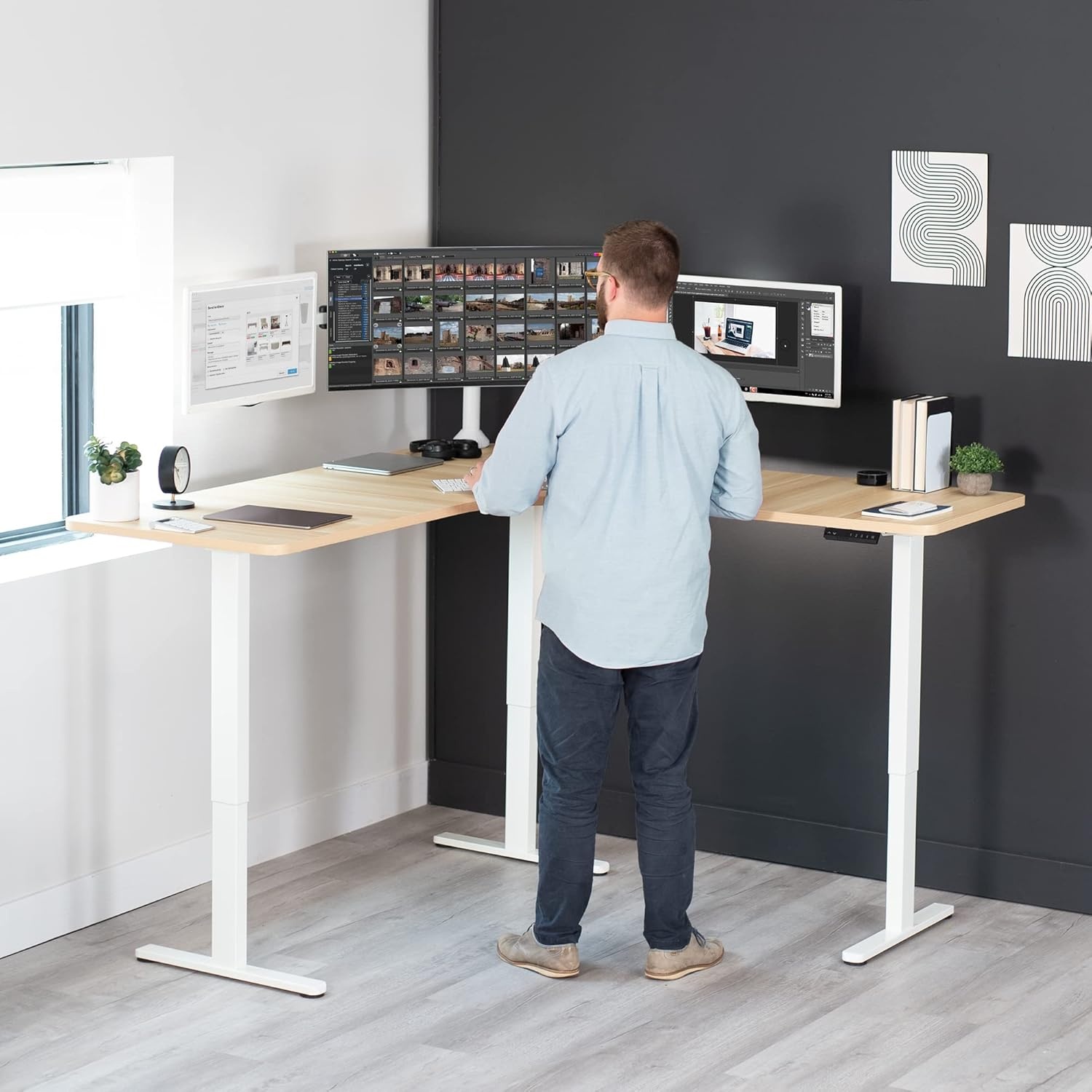 image:imageVIVO Electric Height Adjustable 71 x 71 inch Curved Corner Stand Up Desk Black Table Top Black Frame Memory Controller LShaped Workstation E3C Series DESKKITE3CB2Light Wood Top White Frame