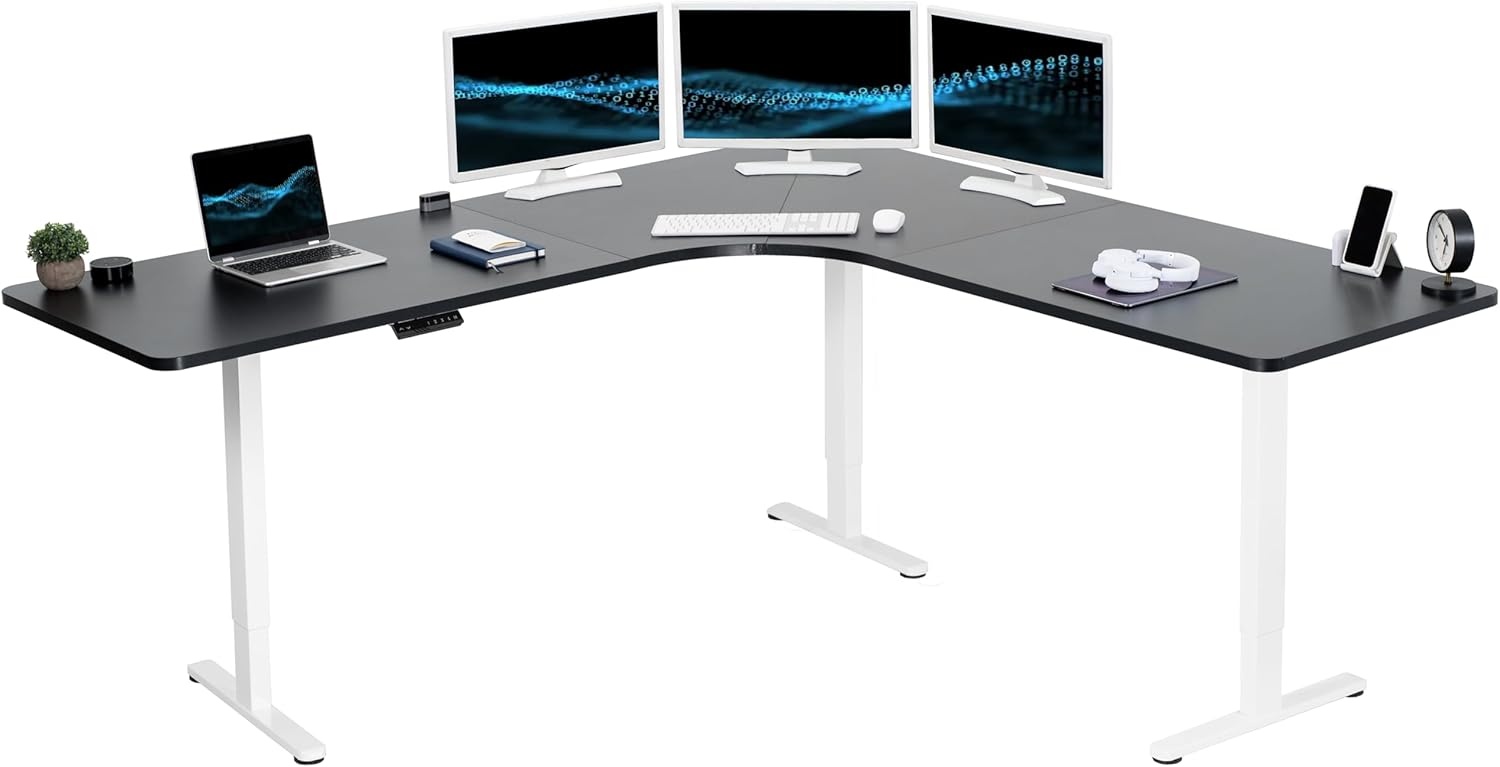 image:imageVIVO Electric Height Adjustable 71 x 71 inch Curved Corner Stand Up Desk Black Table Top Black Frame Memory Controller LShaped Workstation E3C Series DESKKITE3CB2Black Top White Frame