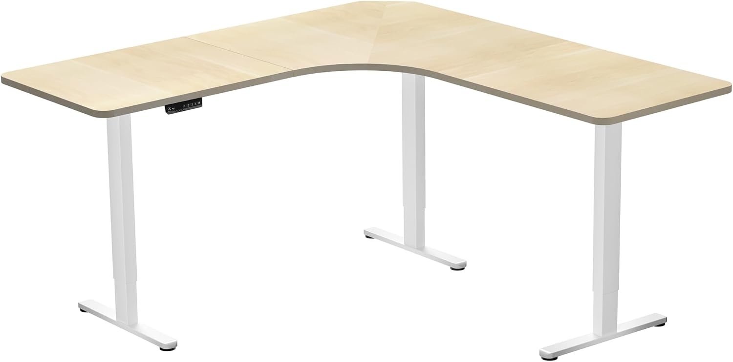 image:imageVIVO Electric Height Adjustable 71 x 71 inch Curved Corner Stand Up Desk Black Table Top Black Frame Memory Controller LShaped Workstation E3C Series DESKKITE3CB2Light Wood Top White Frame