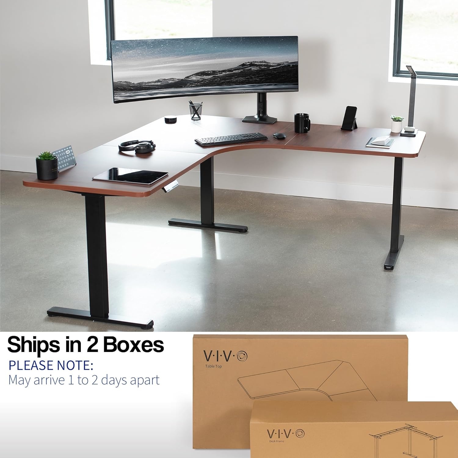image:imageVIVO Electric Height Adjustable 71 x 71 inch Curved Corner Stand Up Desk Black Table Top Black Frame Memory Controller LShaped Workstation E3C Series DESKKITE3CB2Dark Walnut Top Black Frame