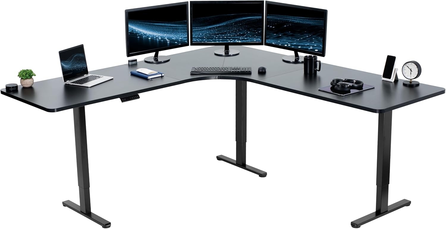 image:imageVIVO Electric Height Adjustable 71 x 71 inch Curved Corner Stand Up Desk Black Table Top Black Frame Memory Controller LShaped Workstation E3C Series DESKKITE3CB2Black Top Black Frame