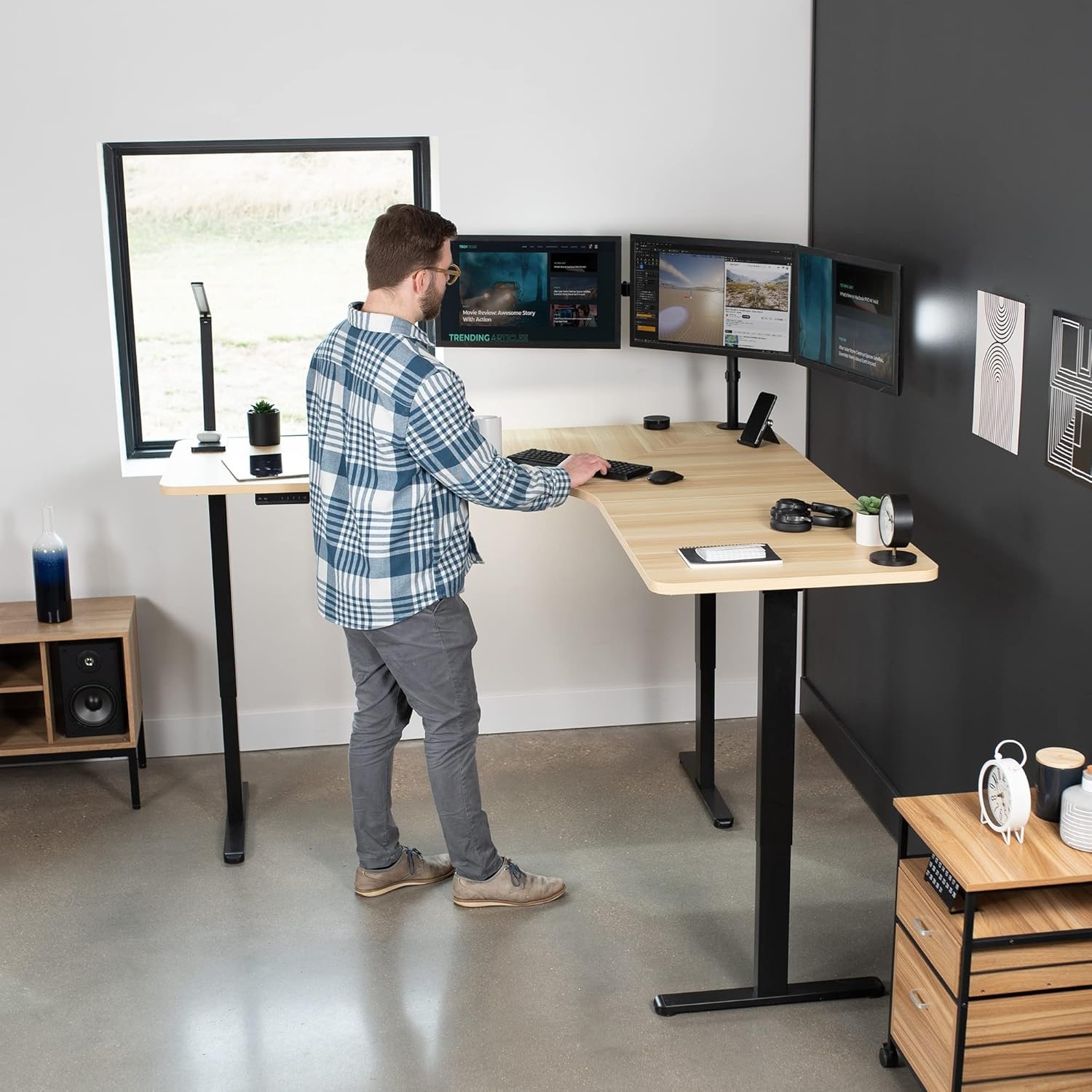image:imageVIVO Electric Height Adjustable 71 x 71 inch Curved Corner Stand Up Desk Black Table Top Black Frame Memory Controller LShaped Workstation E3C Series DESKKITE3CB2Light Wood Top Black Frame