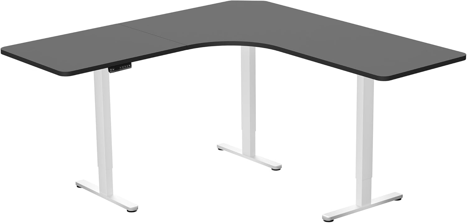 image:imageVIVO Electric Height Adjustable 71 x 71 inch Curved Corner Stand Up Desk Black Table Top Black Frame Memory Controller LShaped Workstation E3C Series DESKKITE3CB2Black Top White Frame