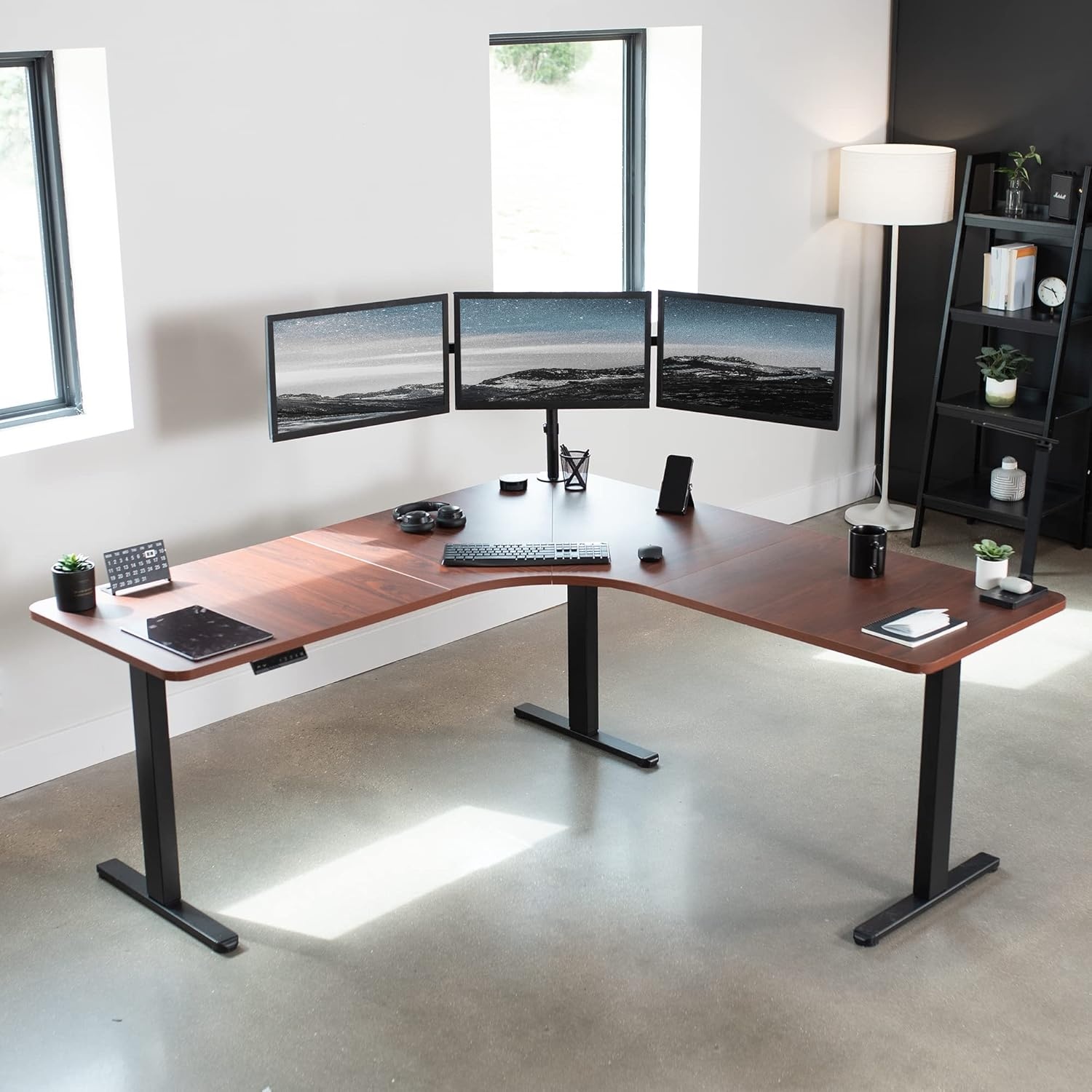 image:imageVIVO Electric Height Adjustable 71 x 71 inch Curved Corner Stand Up Desk Black Table Top Black Frame Memory Controller LShaped Workstation E3C Series DESKKITE3CB2Dark Walnut Top Black Frame