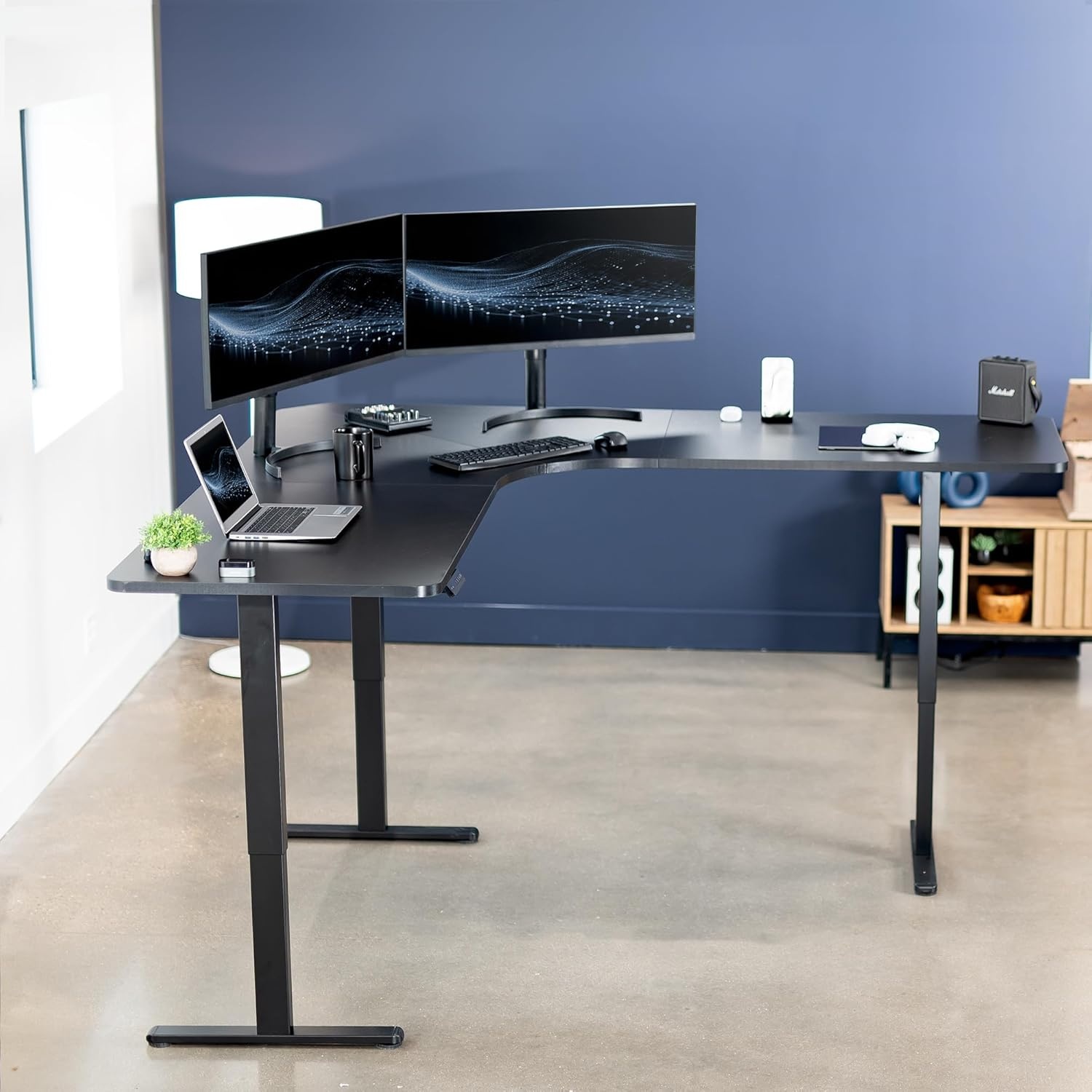 image:imageVIVO Electric Height Adjustable 71 x 71 inch Curved Corner Stand Up Desk Black Table Top Black Frame Memory Controller LShaped Workstation E3C Series DESKKITE3CB2Black Top Black Frame
