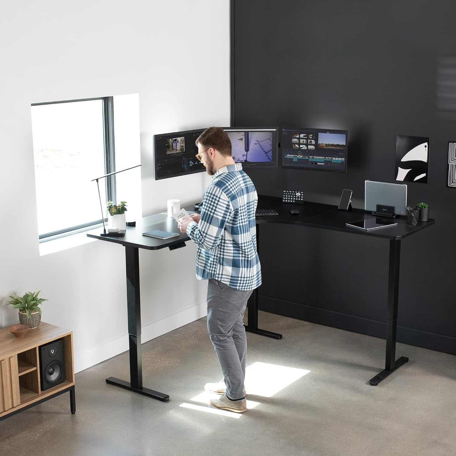 image:imageVIVO Electric Height Adjustable 71 x 71 inch Curved Corner Stand Up Desk Black Table Top Black Frame Memory Controller LShaped Workstation E3C Series DESKKITE3CB2Black Top Black Frame