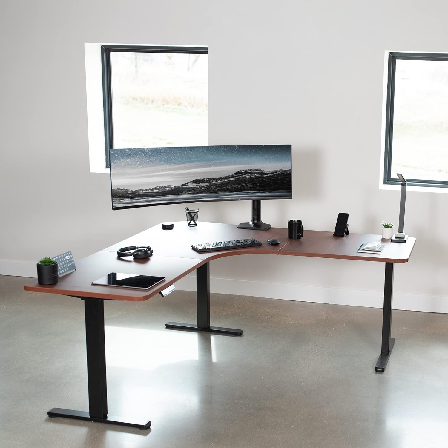 image:imageVIVO Electric Height Adjustable 71 x 71 inch Curved Corner Stand Up Desk Black Table Top Black Frame Memory Controller LShaped Workstation E3C Series DESKKITE3CB2Dark Walnut Top Black Frame
