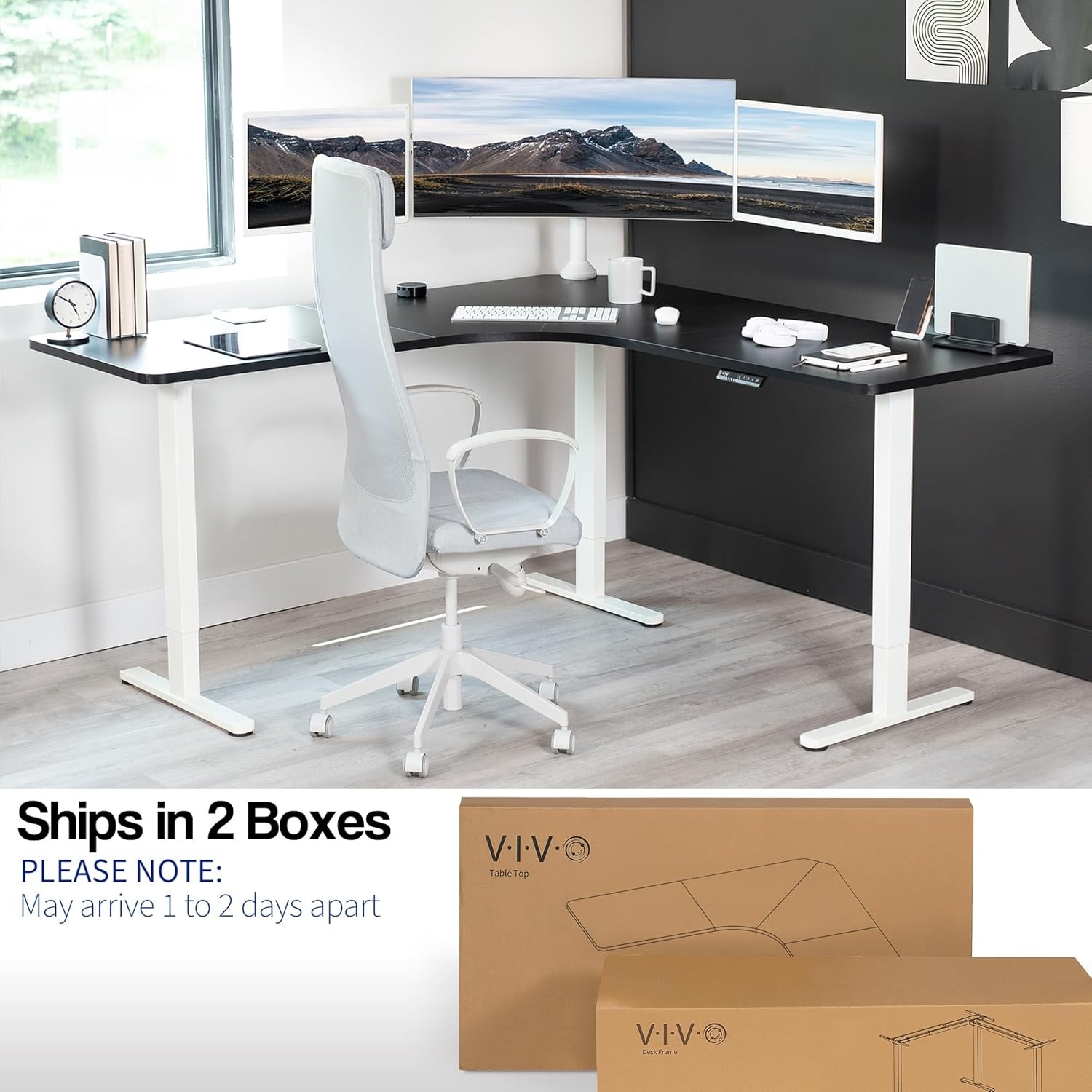 image:imageVIVO Electric Height Adjustable 71 x 71 inch Curved Corner Stand Up Desk Black Table Top Black Frame Memory Controller LShaped Workstation E3C Series DESKKITE3CB2Black Top White Frame
