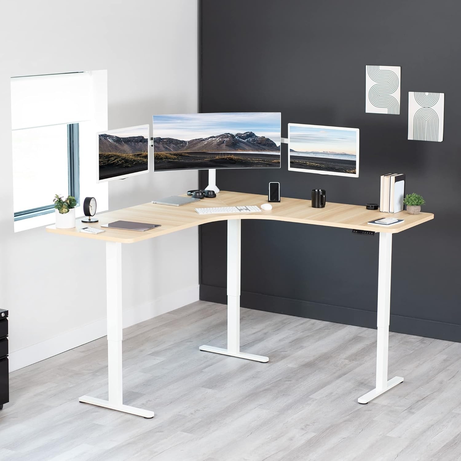 image:imageVIVO Electric Height Adjustable 71 x 71 inch Curved Corner Stand Up Desk Black Table Top Black Frame Memory Controller LShaped Workstation E3C Series DESKKITE3CB2Light Wood Top White Frame