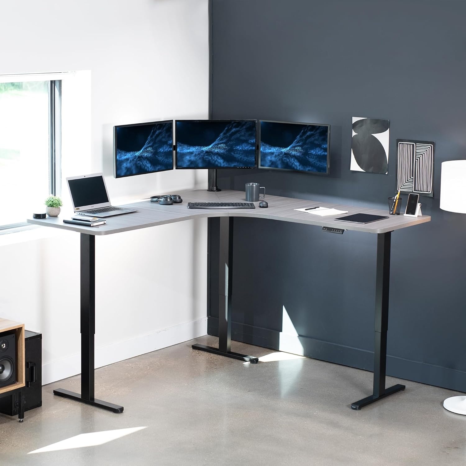 image:imageVIVO Electric Height Adjustable 71 x 71 inch Curved Corner Stand Up Desk Black Table Top Black Frame Memory Controller LShaped Workstation E3C Series DESKKITE3CB2Dark Gray Top Black Frame