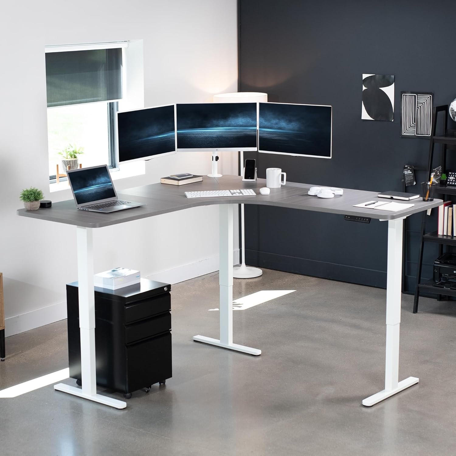 image:imageVIVO Electric Height Adjustable 71 x 71 inch Curved Corner Stand Up Desk Black Table Top Black Frame Memory Controller LShaped Workstation E3C Series DESKKITE3CB2Dark Gray Top White Frame