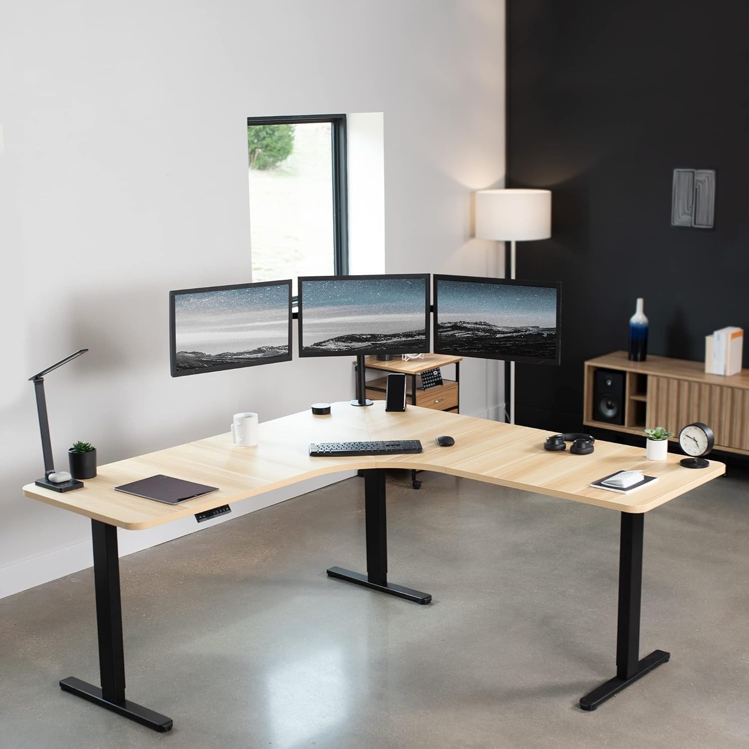 image:imageVIVO Electric Height Adjustable 71 x 71 inch Curved Corner Stand Up Desk Black Table Top Black Frame Memory Controller LShaped Workstation E3C Series DESKKITE3CB2Light Wood Top Black Frame