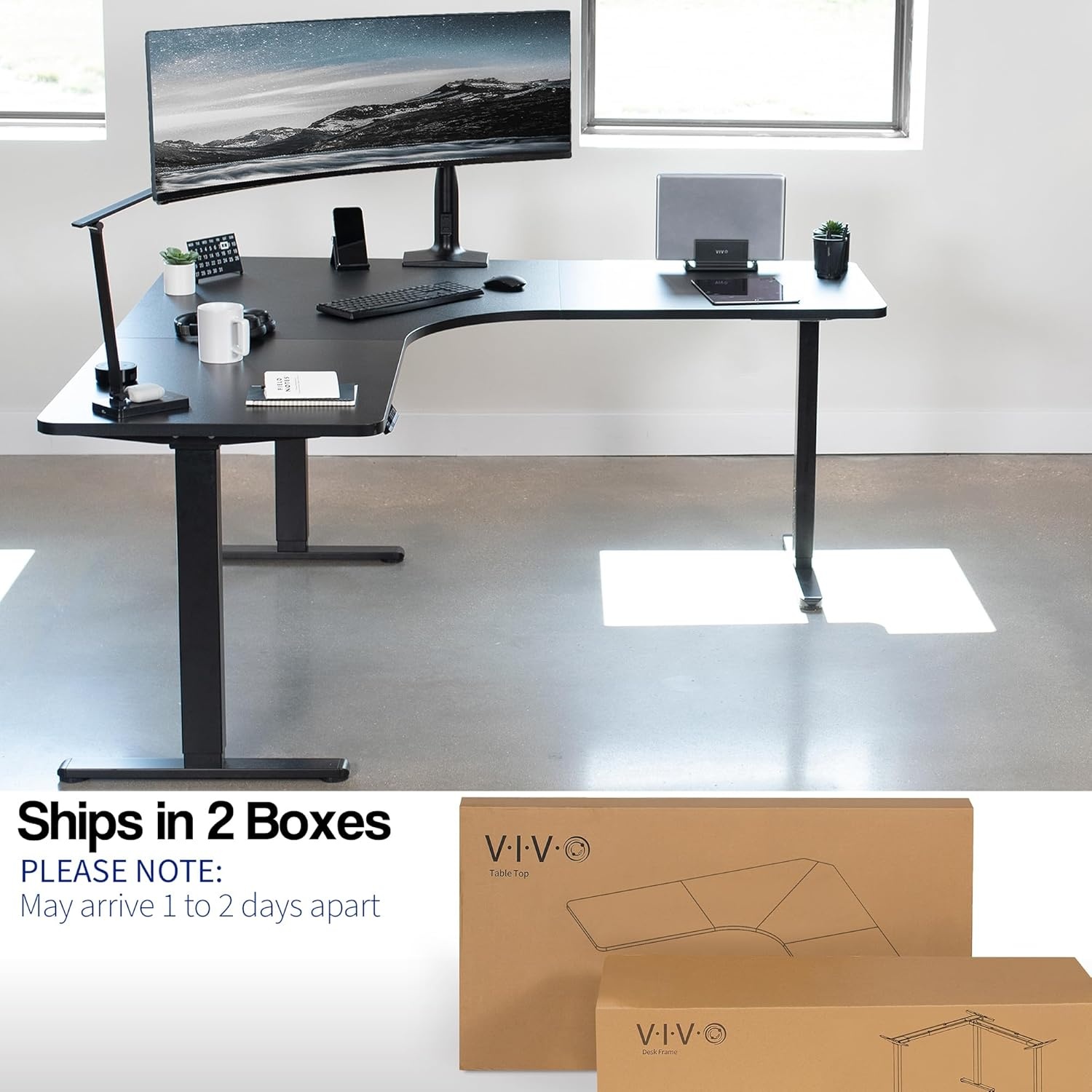 image:imageVIVO Electric Height Adjustable 71 x 71 inch Curved Corner Stand Up Desk Black Table Top Black Frame Memory Controller LShaped Workstation E3C Series DESKKITE3CB2Black Top Black Frame