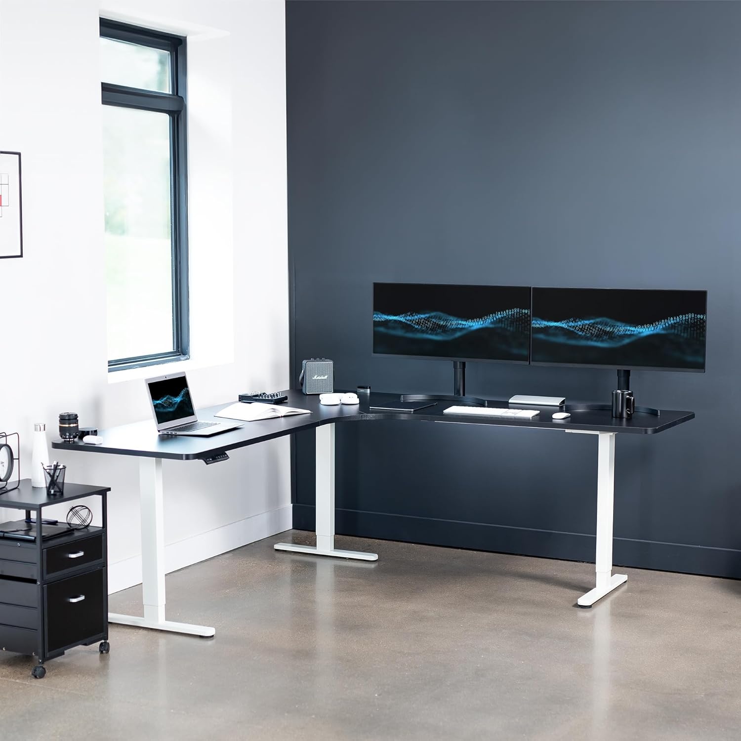 image:imageVIVO Electric Height Adjustable 71 x 71 inch Curved Corner Stand Up Desk Black Table Top Black Frame Memory Controller LShaped Workstation E3C Series DESKKITE3CB2Black Top White Frame