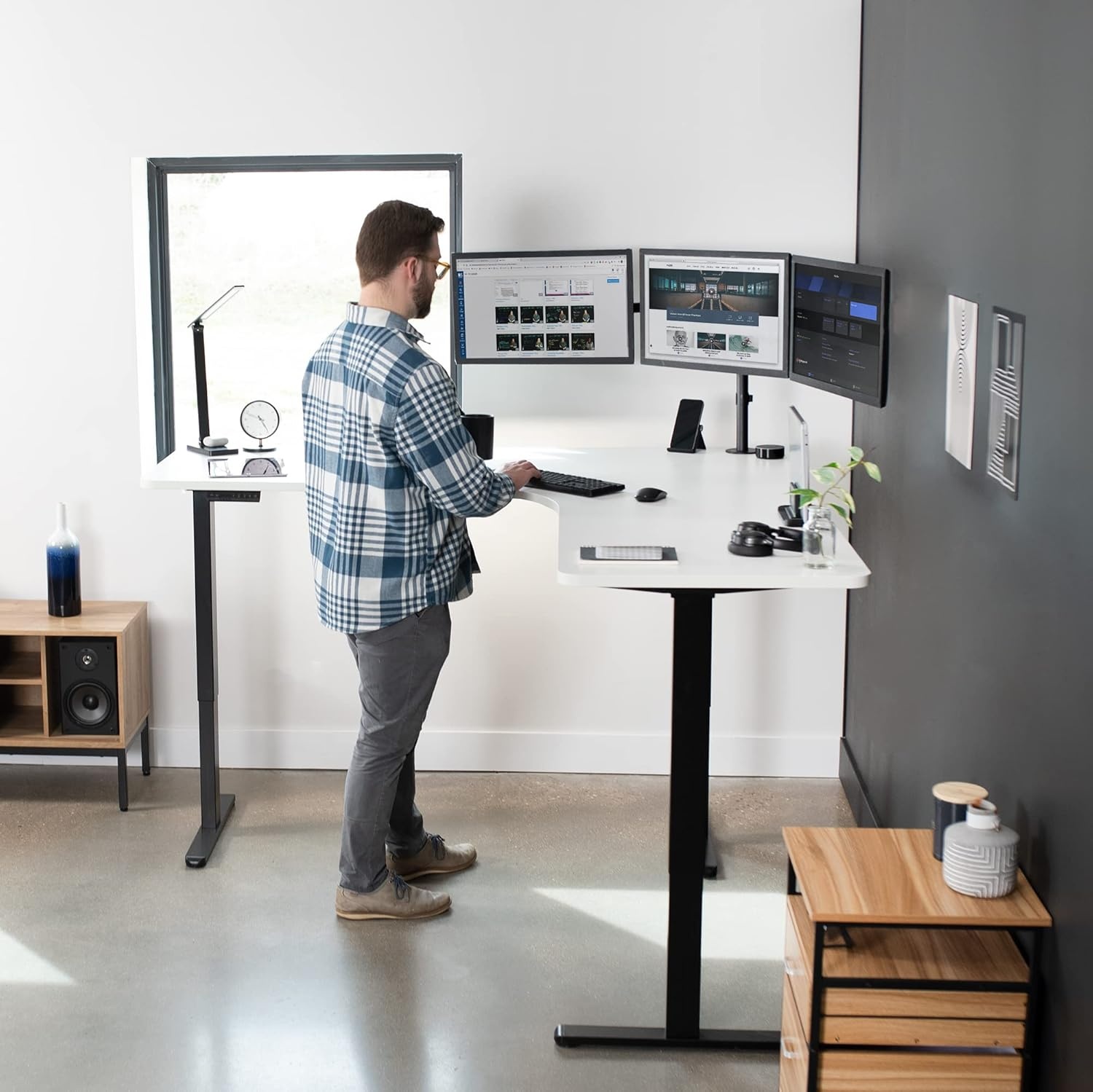 image:imageVIVO Electric Height Adjustable 71 x 71 inch Curved Corner Stand Up Desk Black Table Top Black Frame Memory Controller LShaped Workstation E3C Series DESKKITE3CB2White Top Black Frame