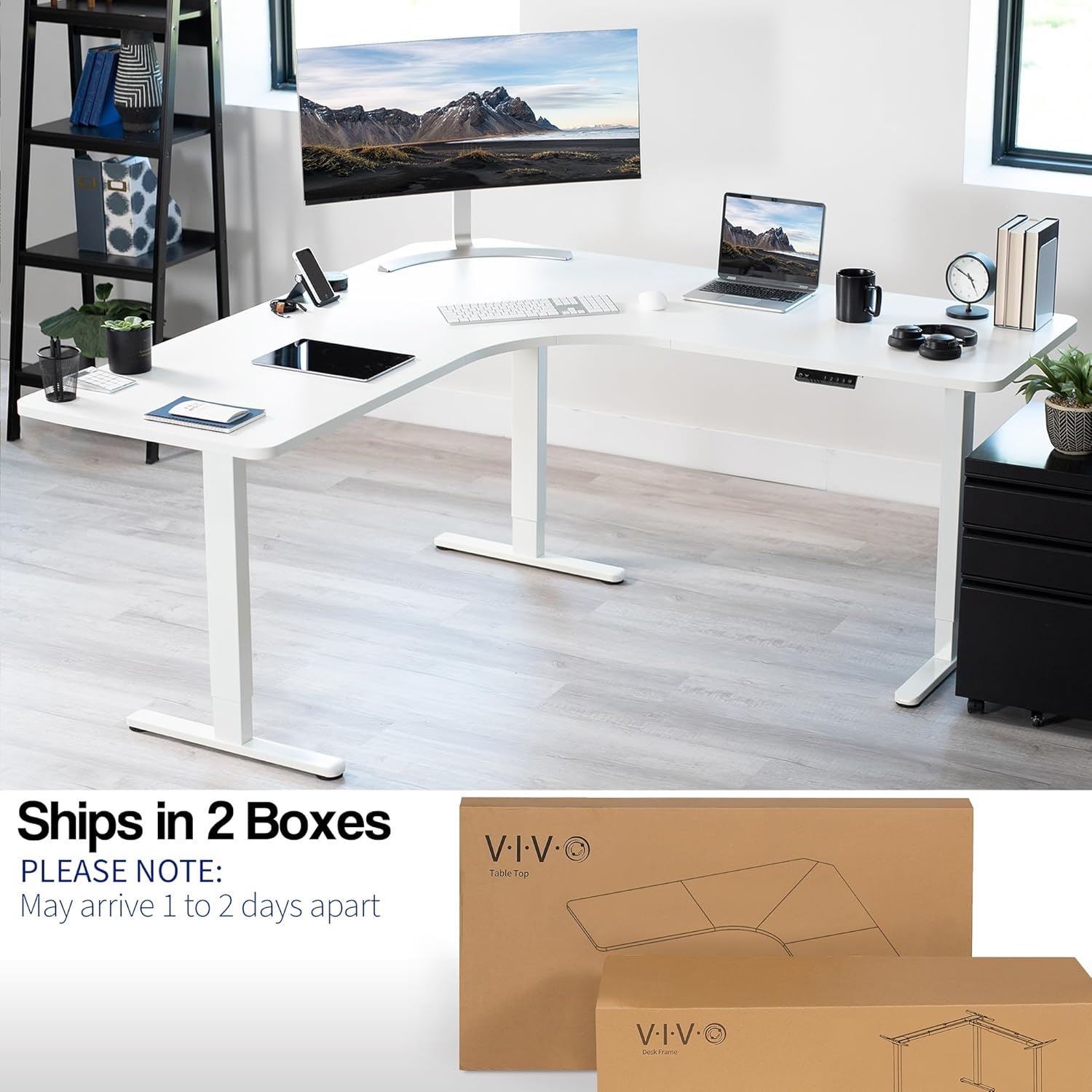 image:imageVIVO Electric Height Adjustable 71 x 71 inch Curved Corner Stand Up Desk Black Table Top Black Frame Memory Controller LShaped Workstation E3C Series DESKKITE3CB2White Top White Frame