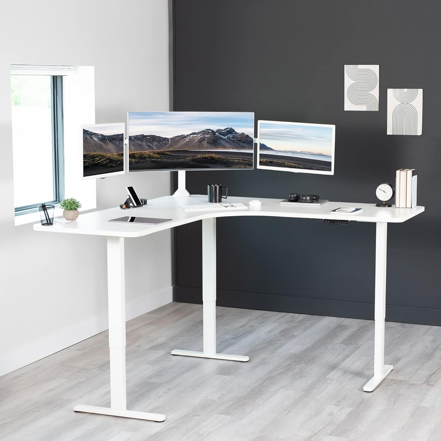 image:imageVIVO Electric Height Adjustable 71 x 71 inch Curved Corner Stand Up Desk Black Table Top Black Frame Memory Controller LShaped Workstation E3C Series DESKKITE3CB2White Top White Frame