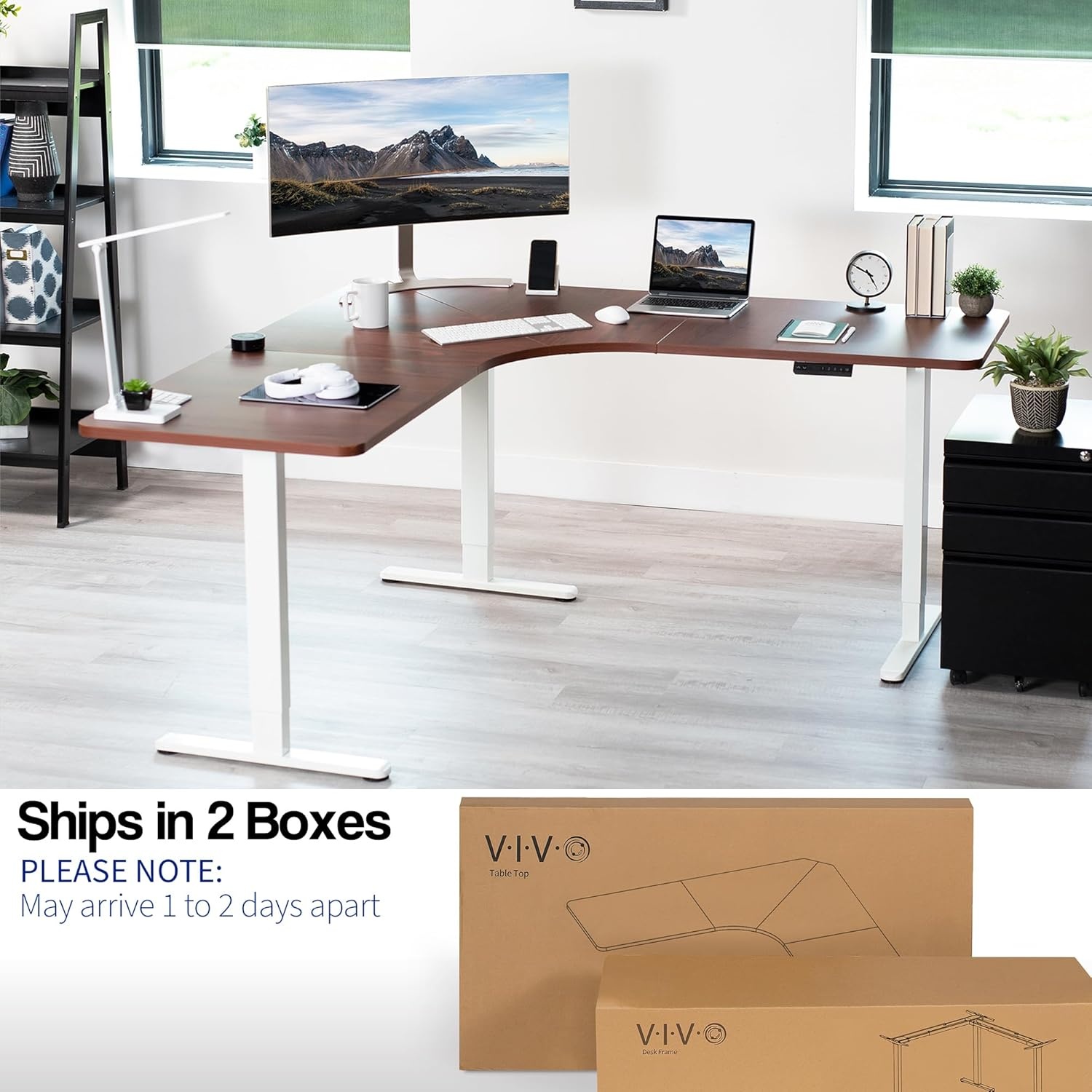 image:imageVIVO Electric Height Adjustable 71 x 71 inch Curved Corner Stand Up Desk Black Table Top Black Frame Memory Controller LShaped Workstation E3C Series DESKKITE3CB2Dark Walnut Top White Frame