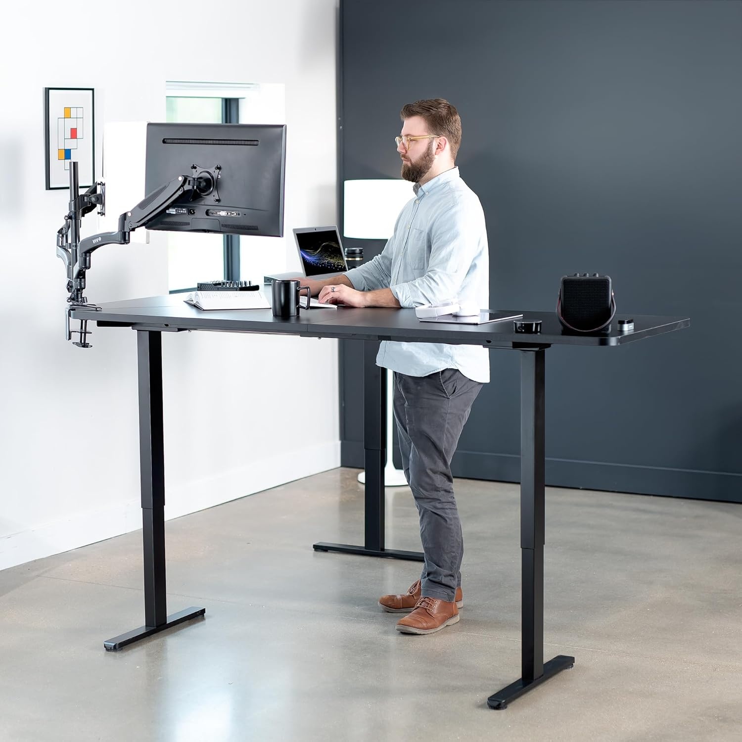 image:imageVIVO Electric Height Adjustable 71 x 71 inch Curved Corner Stand Up Desk Black Table Top Black Frame Memory Controller LShaped Workstation E3C Series DESKKITE3CB2Black Top Black Frame