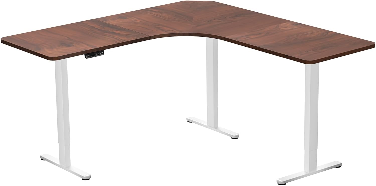 image:imageVIVO Electric Height Adjustable 71 x 71 inch Curved Corner Stand Up Desk Black Table Top Black Frame Memory Controller LShaped Workstation E3C Series DESKKITE3CB2Dark Walnut Top White Frame