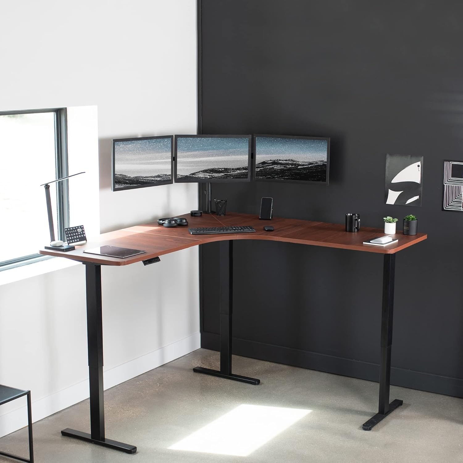 image:imageVIVO Electric Height Adjustable 71 x 71 inch Curved Corner Stand Up Desk Black Table Top Black Frame Memory Controller LShaped Workstation E3C Series DESKKITE3CB2Dark Walnut Top Black Frame