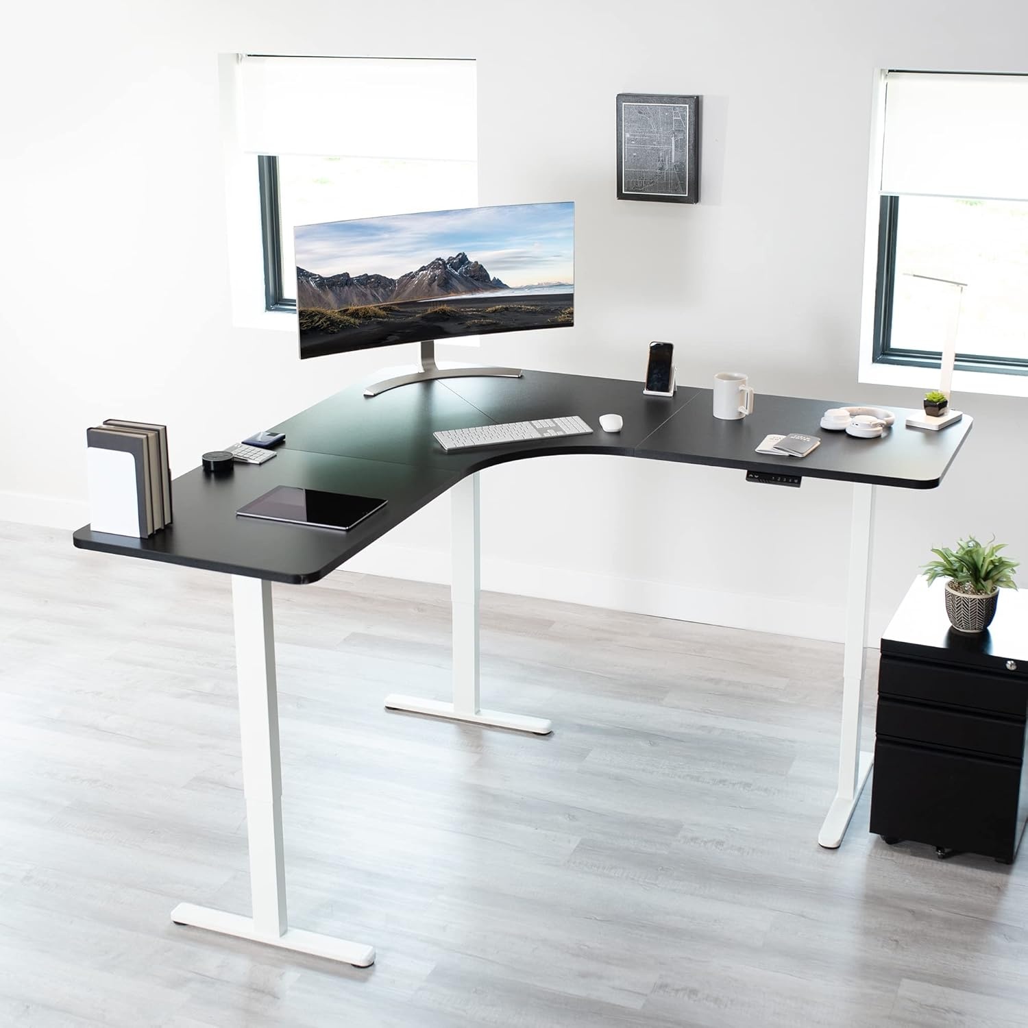 image:imageVIVO Electric Height Adjustable 71 x 71 inch Curved Corner Stand Up Desk Black Table Top Black Frame Memory Controller LShaped Workstation E3C Series DESKKITE3CB2Black Top White Frame
