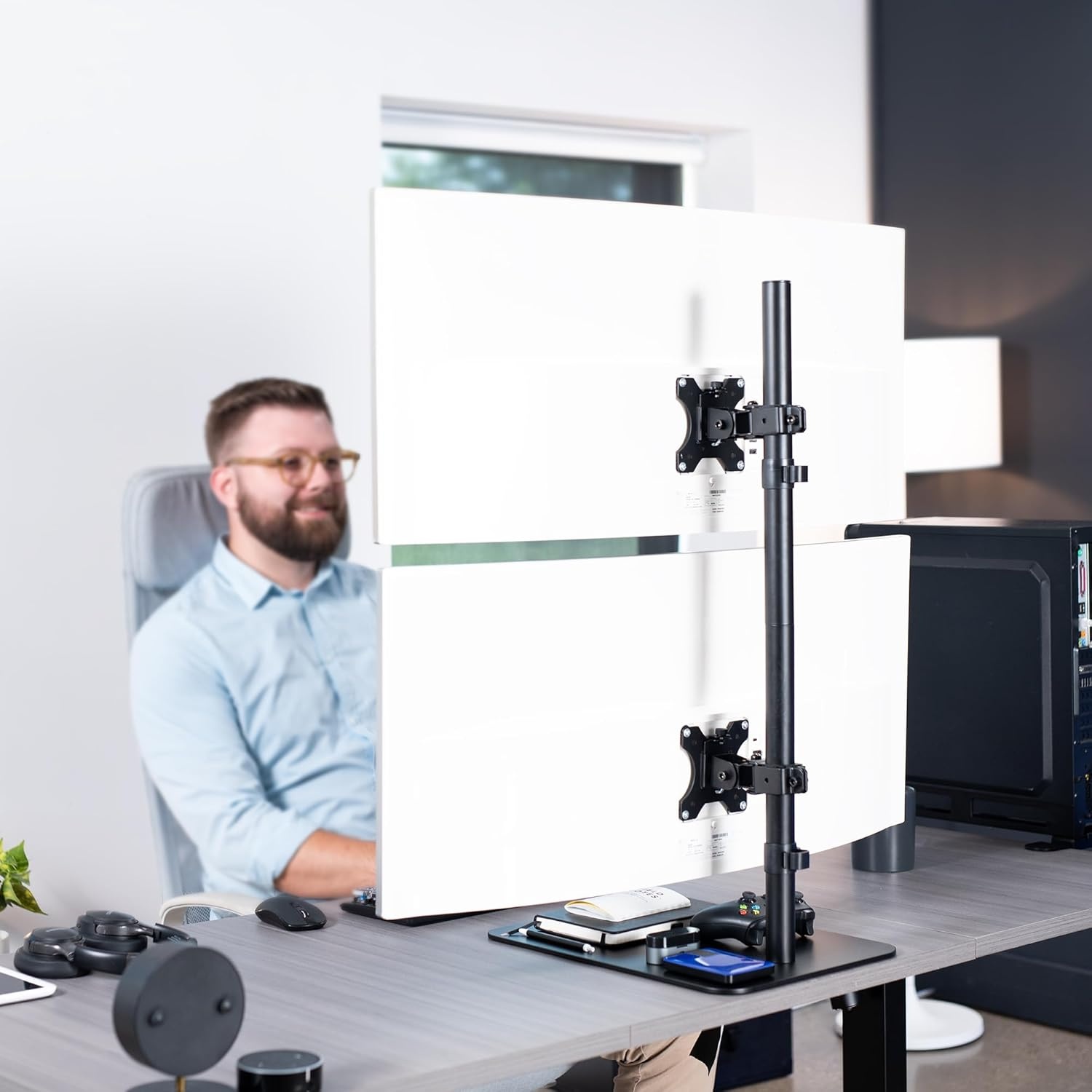 image:imageVIVO Freestanding Dual Vertically Stacked UltraWide Monitor Desk Stand Extra Tall Heavy Duty Adjustable Mount for 2 Ultrawide Screens up to 45 inches 25 lbs Per Screen Capacity Black STANDV200LUp to 45